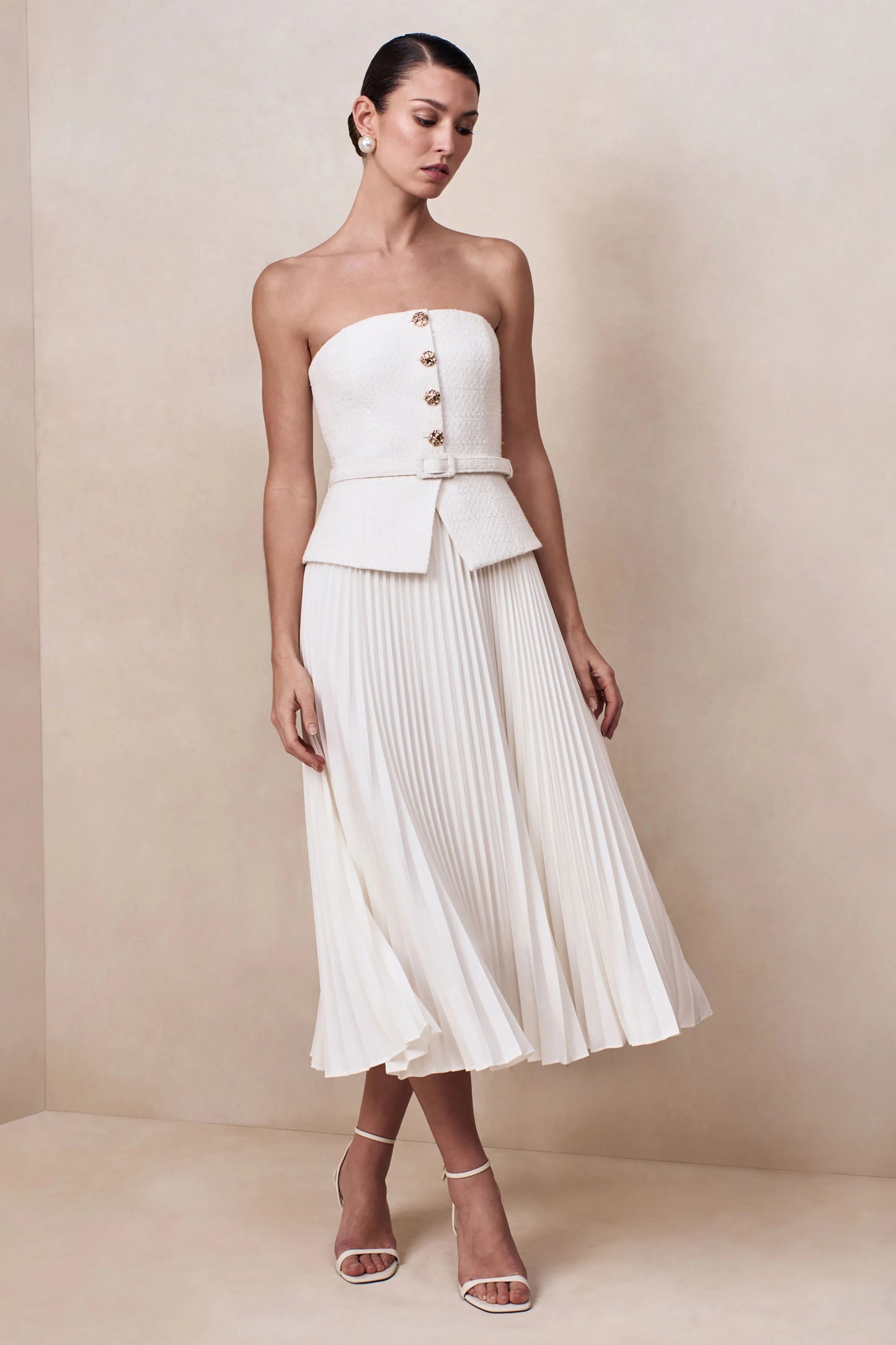 Lizzy Cream Square-Neck Midi Dress With Pleated-Skirt