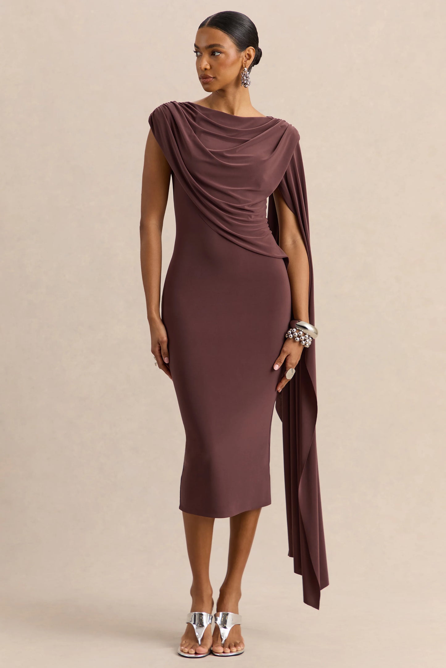 Kamoria Brown Round-Neck Midi Dress With Cape-Sleeve