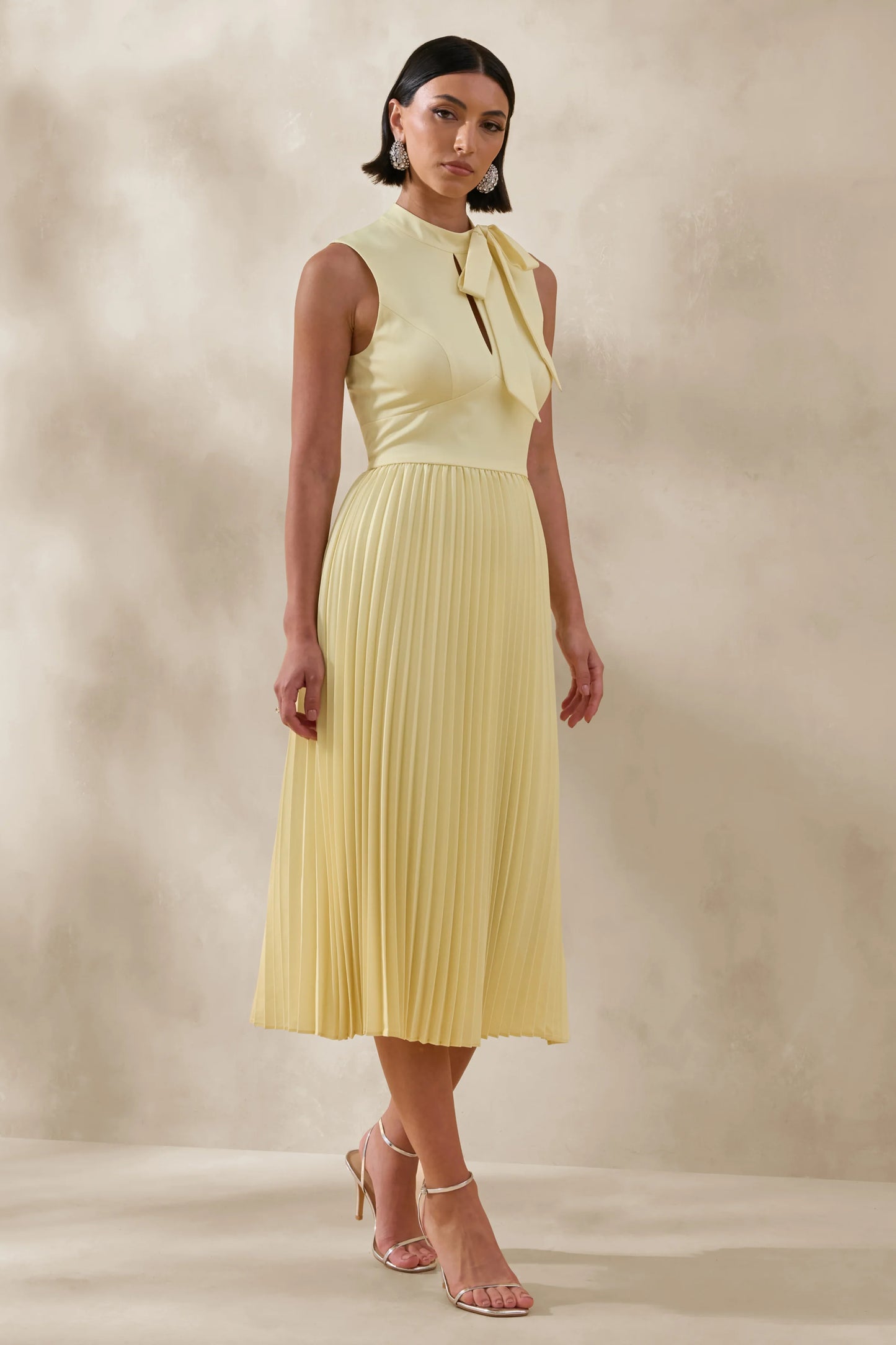 Avalon Lemon Midi Dress With Pleated Skirt And Bow-Detail