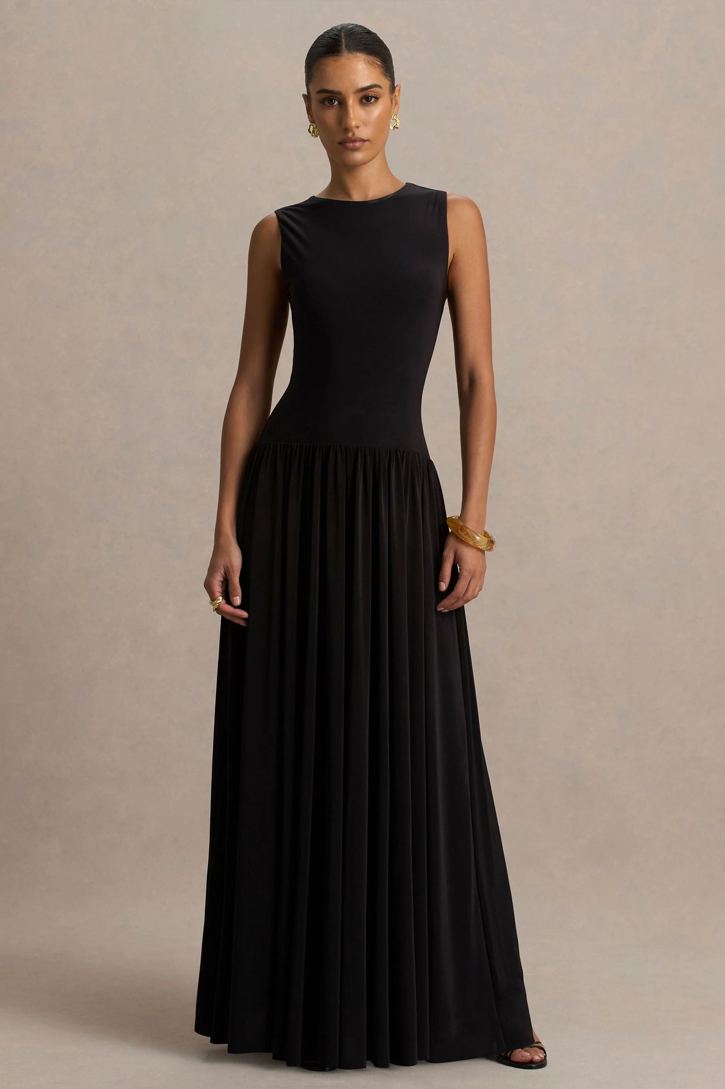 Rosalita Black Crew-Neck Maxi Dress With Drop-Waist