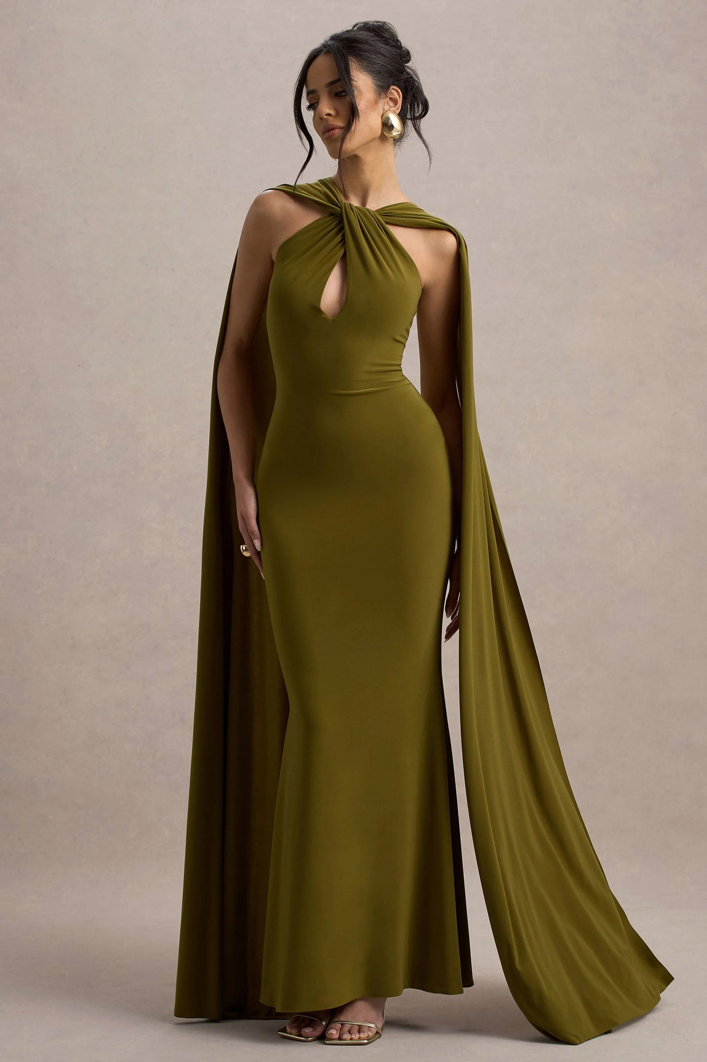 Rhoda Green Twist Halter-Neck Cape Maxi Dress