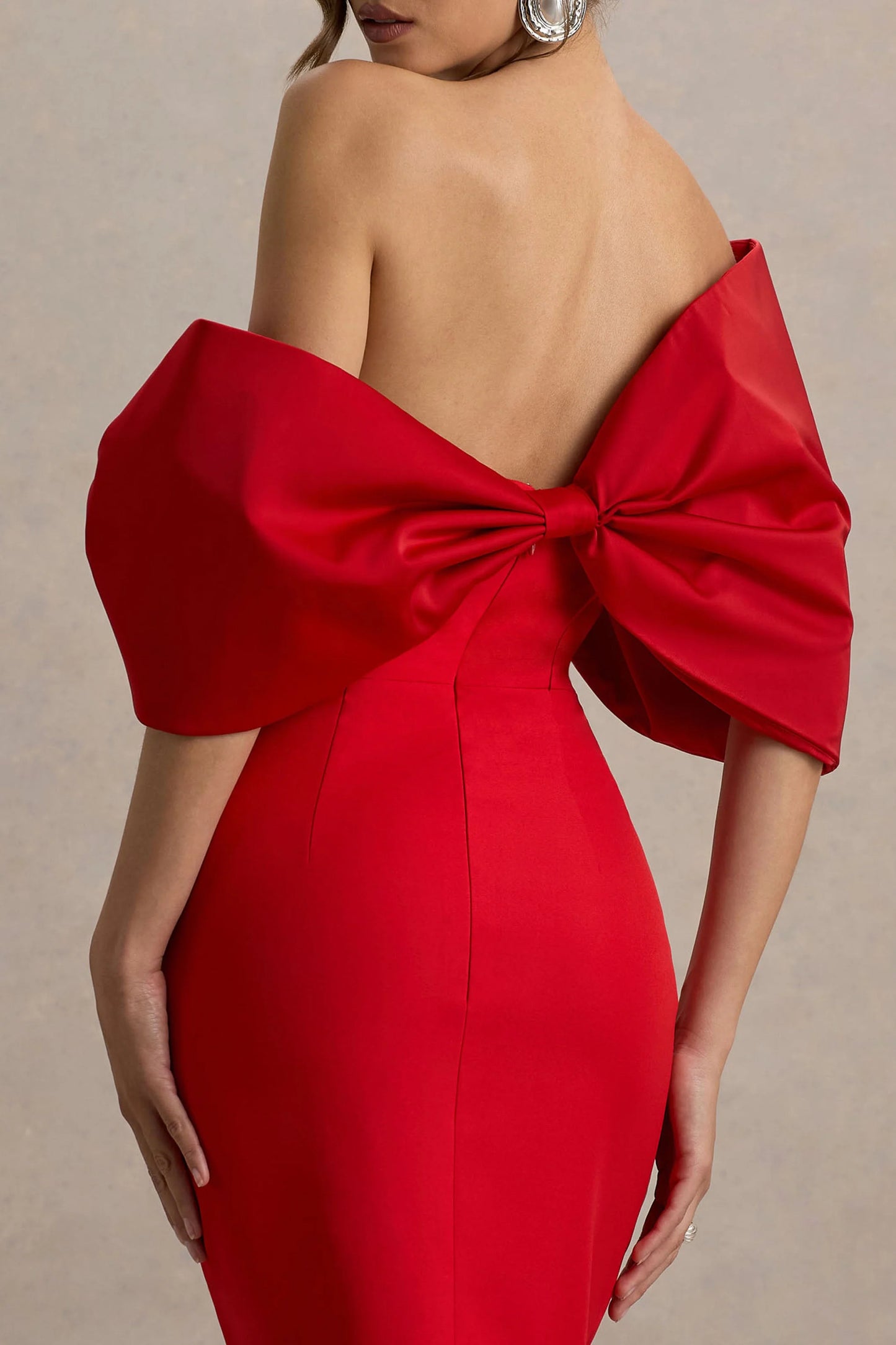 Lucille Red Asymmetric Bardot Midi Dress With Bow Detail