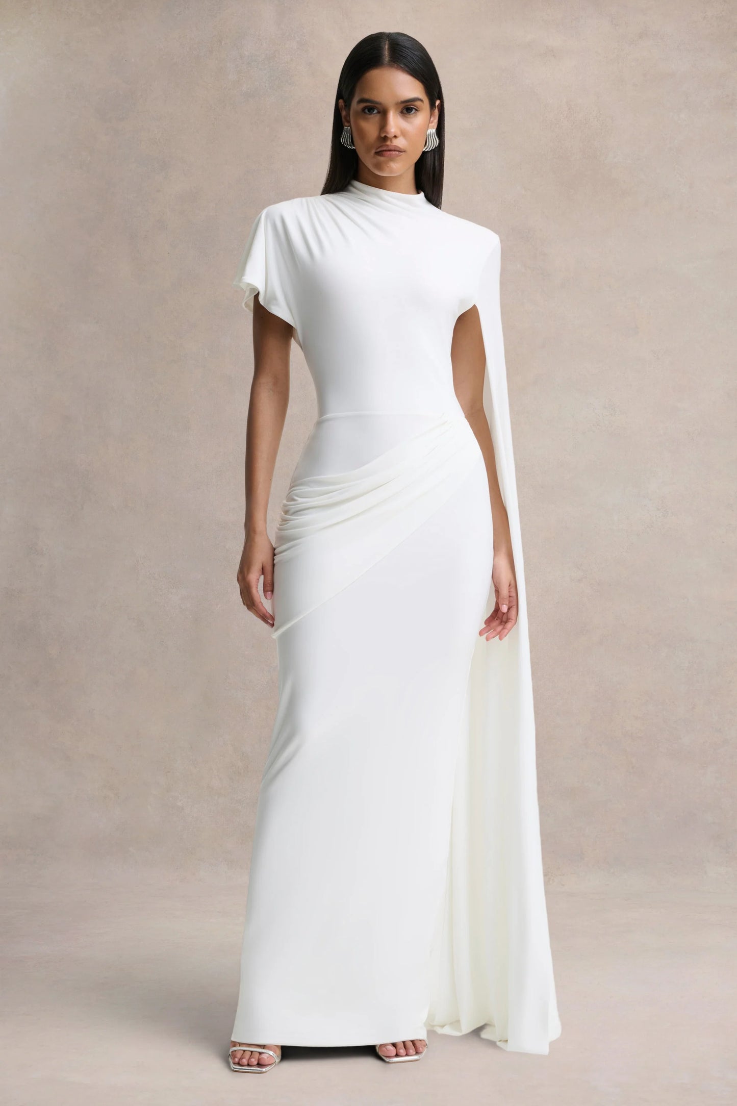 Tropic White High-Neck Maxi With Long Cape Sleeve