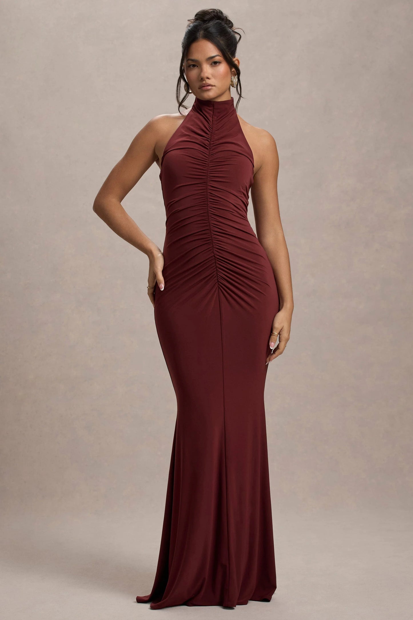 Arietta Port High-Neck Ruched Fishtail Maxi Dress