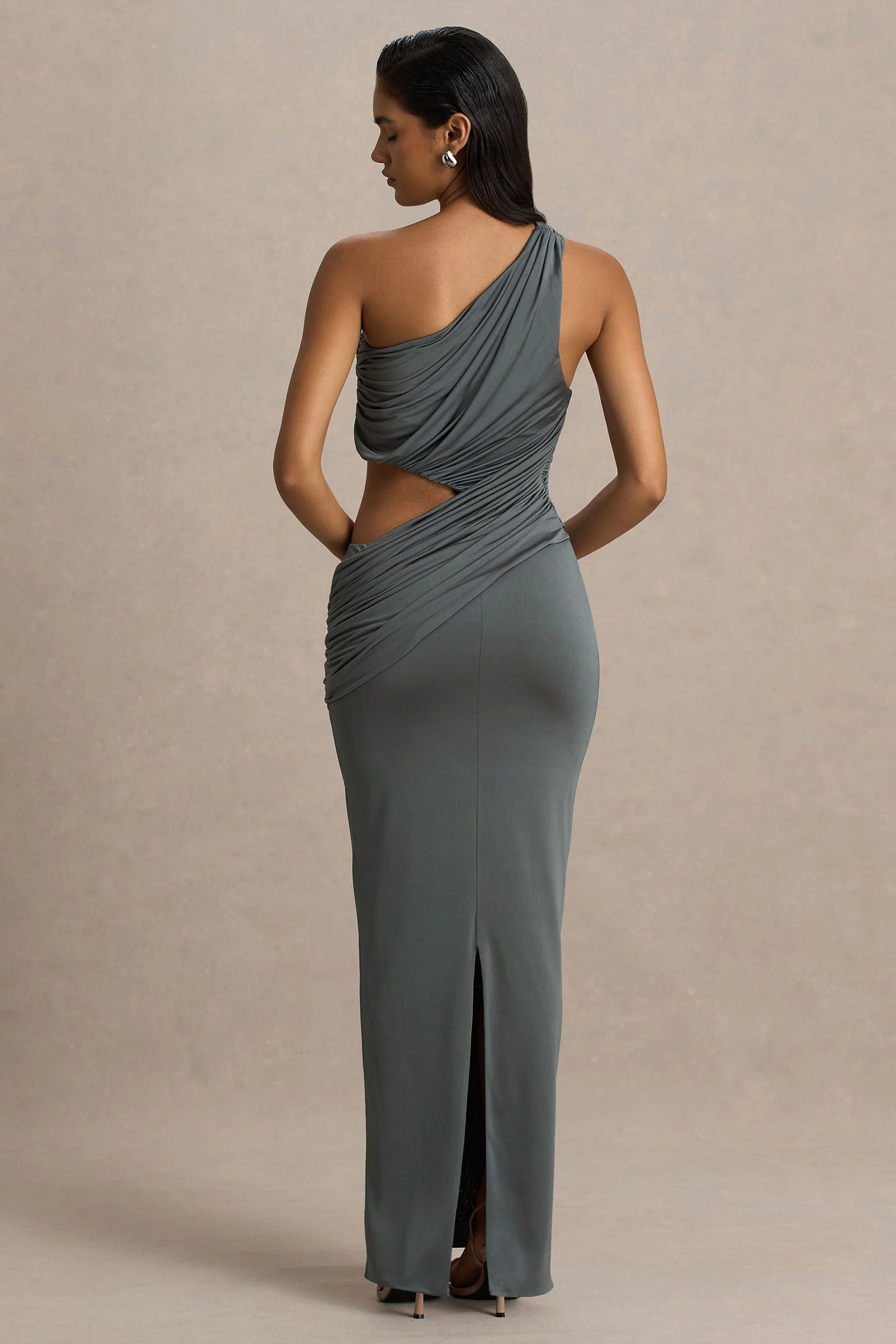 Serefine Grey Asymmetric-Neck Maxi Dress With Body Cut-Out