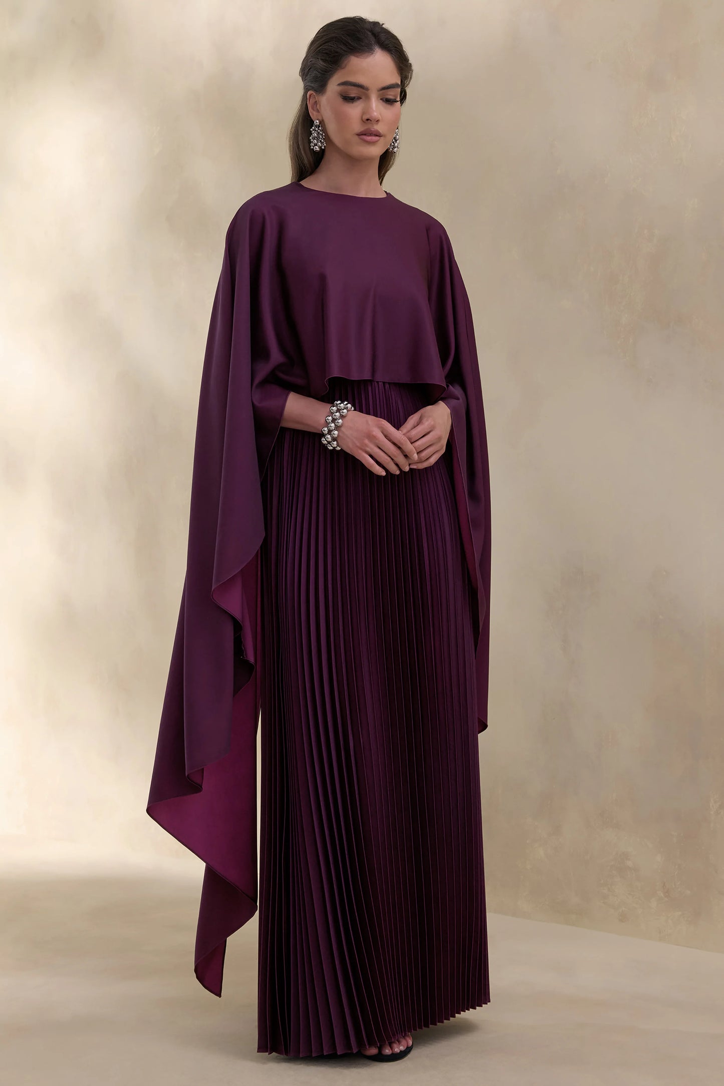 Loradia Dark Plum Satin Round-Neck Maxi Dress With Cape-Sleeves And Pleated-Skirt
