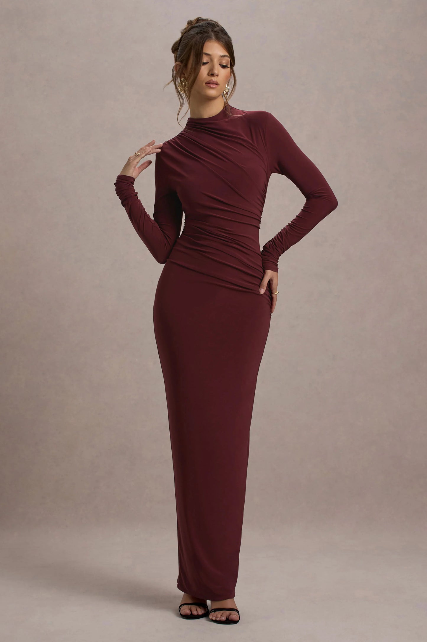 Hespera Port High-Neck Long-Sleeve Gathered Maxi Dress