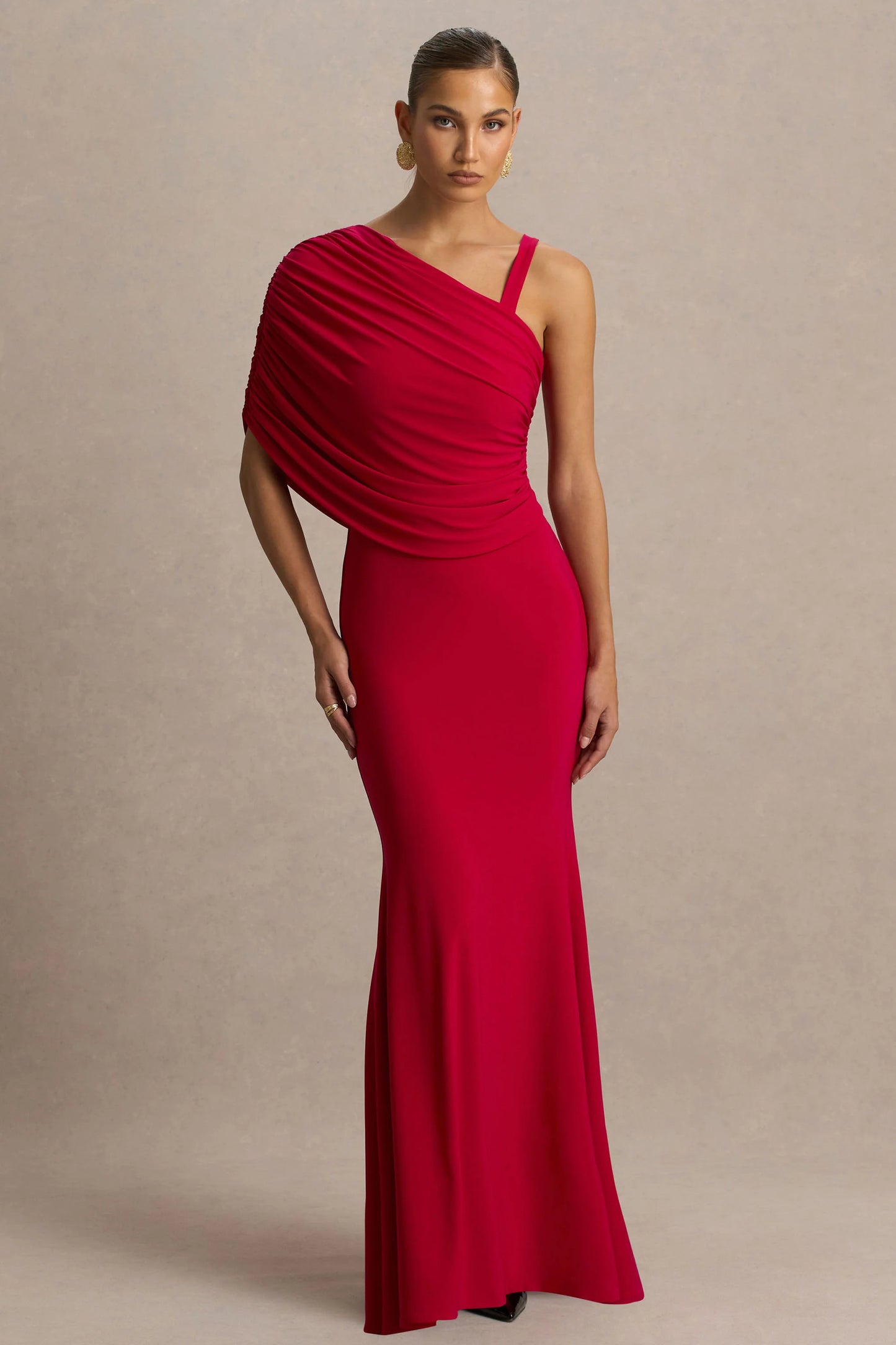 Sylvie Red Asymmetric-Neck Maxi Dress