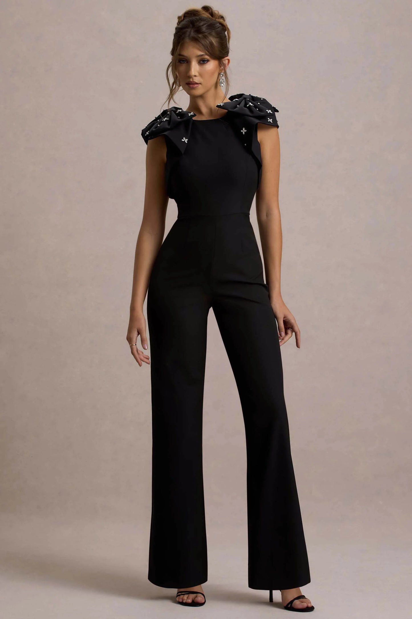 Elma Black Straight-Leg Jumpsuit With Embellished Bows
