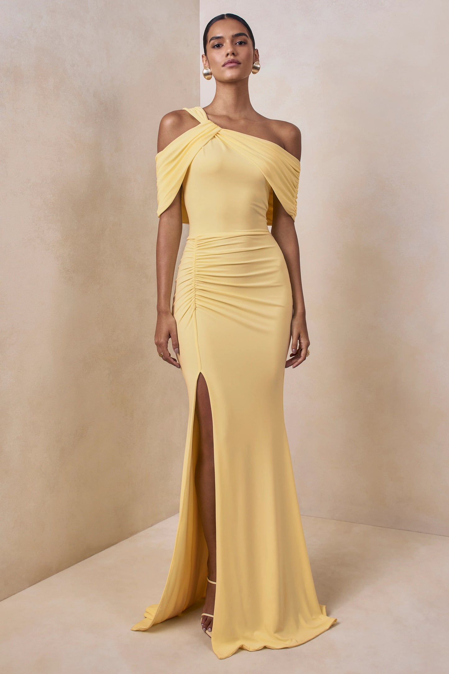 Nala Lemon Asymmetric-Neck Maxi Dress With Gathered Detailing
