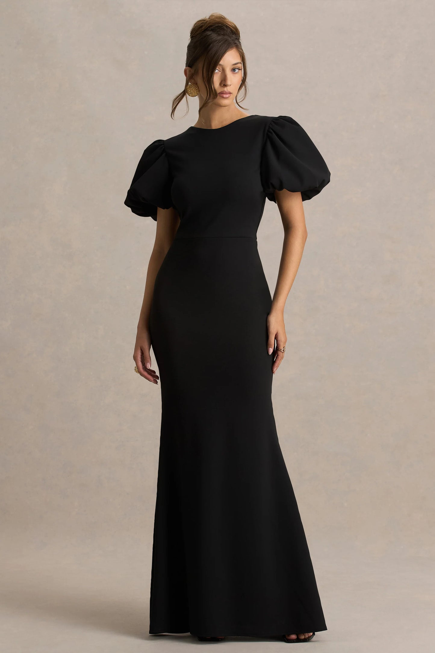 Carolina Black Puff-Sleeve Maxi Dress With White Bow Detail