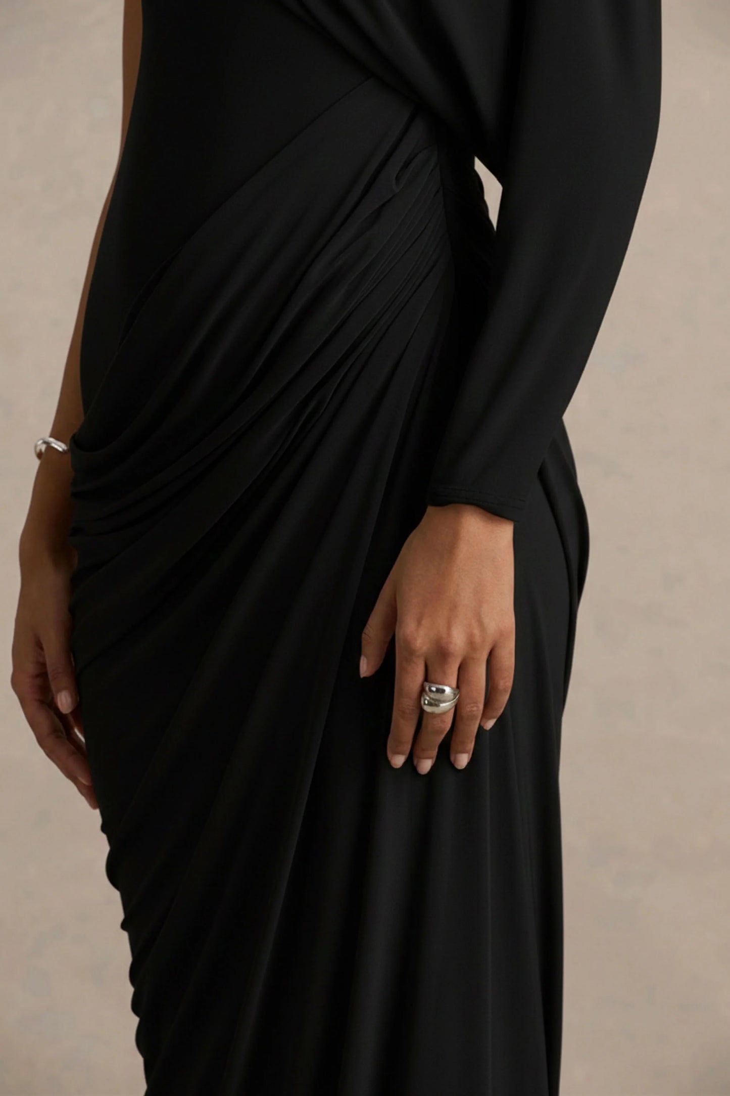 Aphra Black High-Neck Maxi Dress With Cape-Sleeve