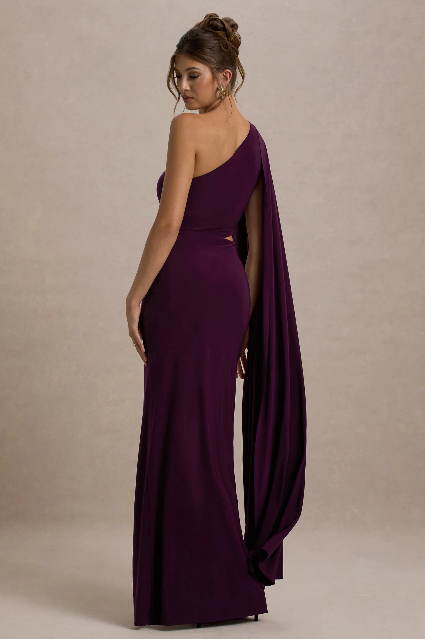 Brona Plum One-Shoulder Cape-Sleeve Split Maxi Dress