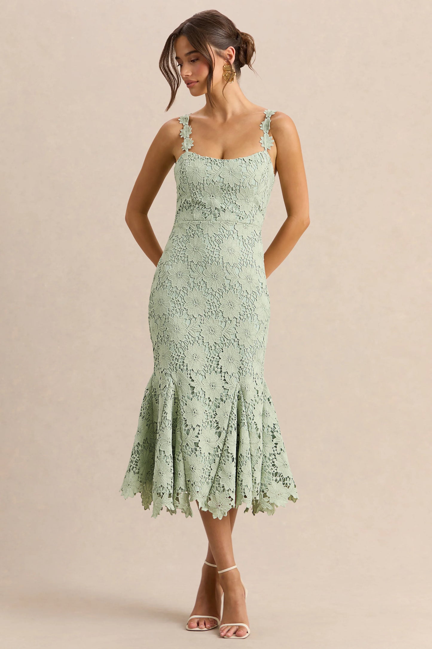 Melia Sage Lace Scoop-Neck Midi Dress