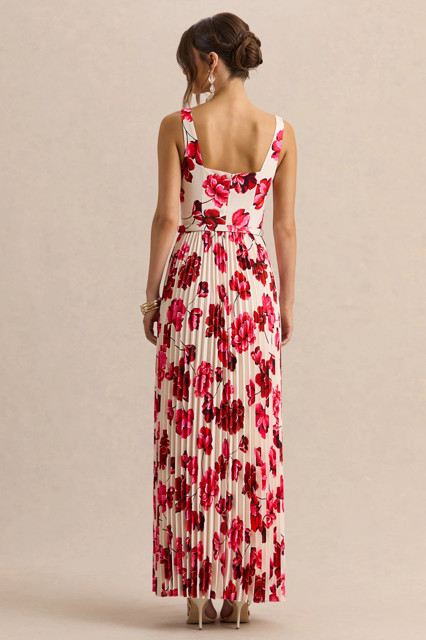 Danika Hot Pink Floral Print Square-Neck Belted Maxi Dress With Pleated Skirt