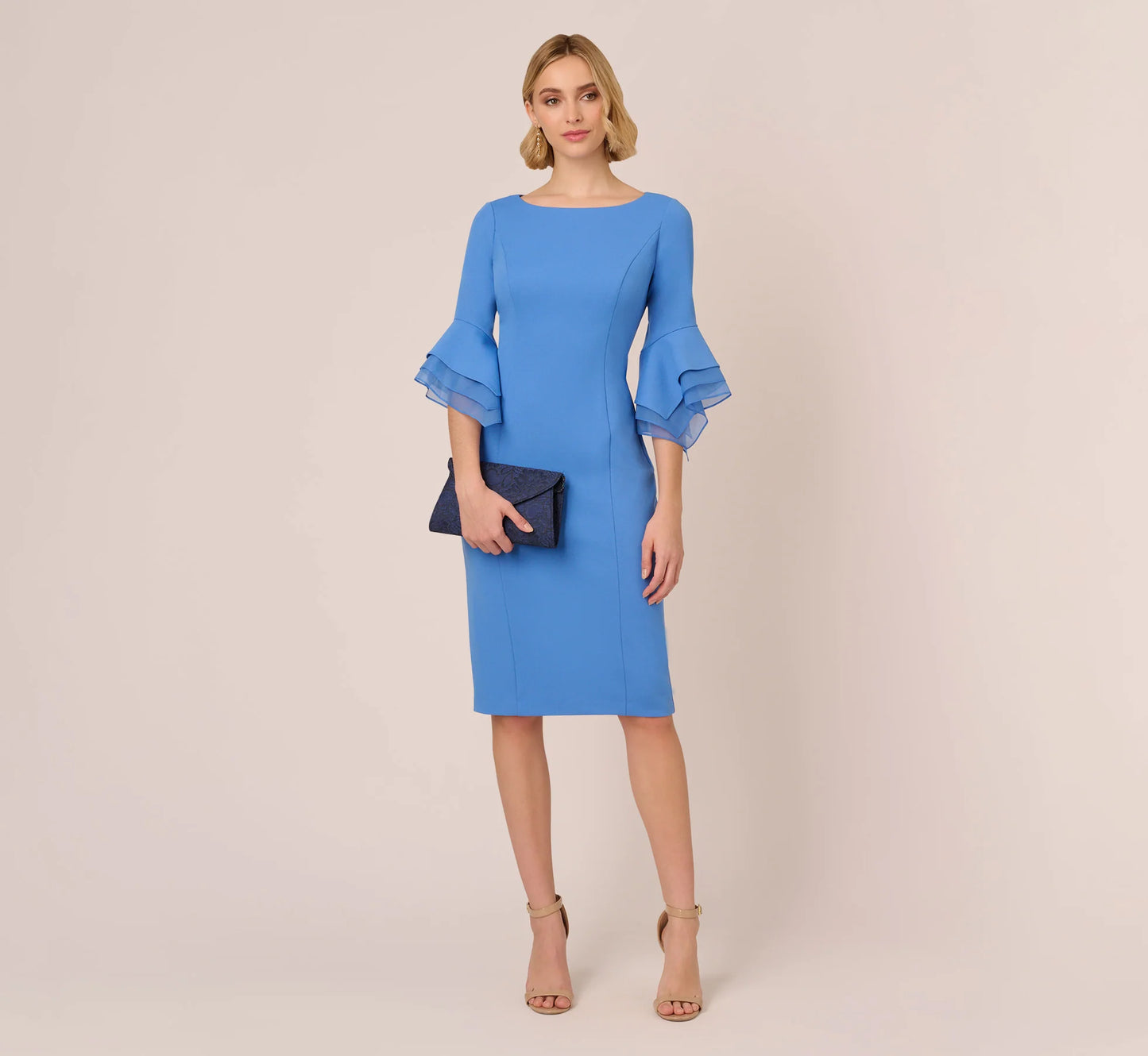 Knit Crepe Sheath Dress With Tiered Three Quarter Sleeves In Cool Water