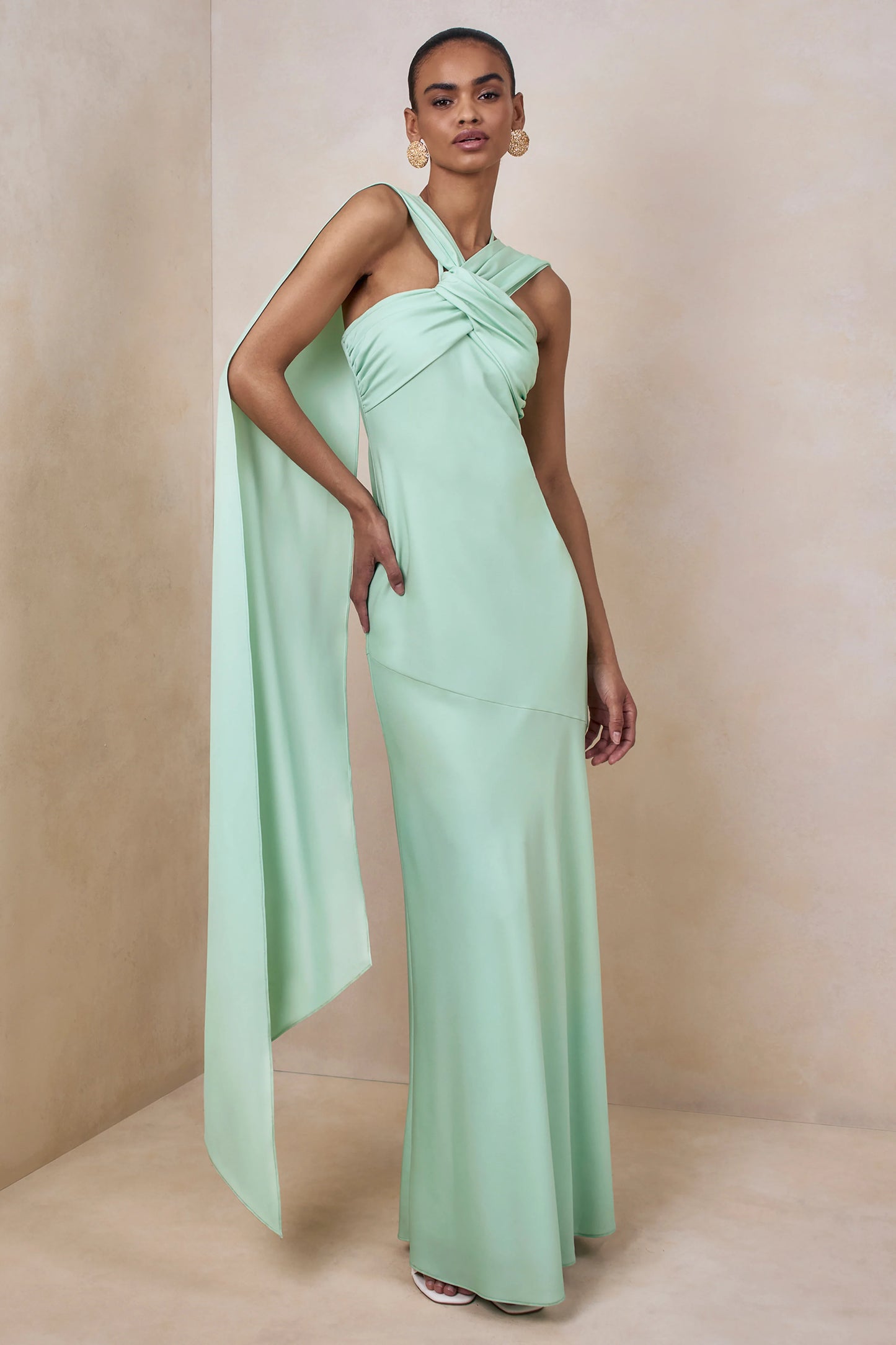 Sloane Mint Matte Satin Halter-Neck Maxi Dress With Cape