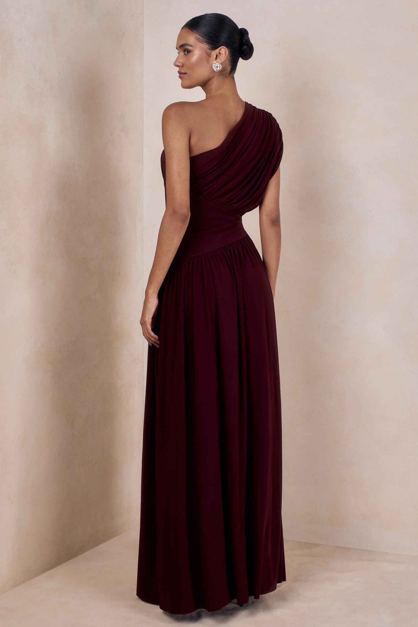 Kelsey Burgundy Asymmetric-Neck Maxi Dress With Ruched Detailing