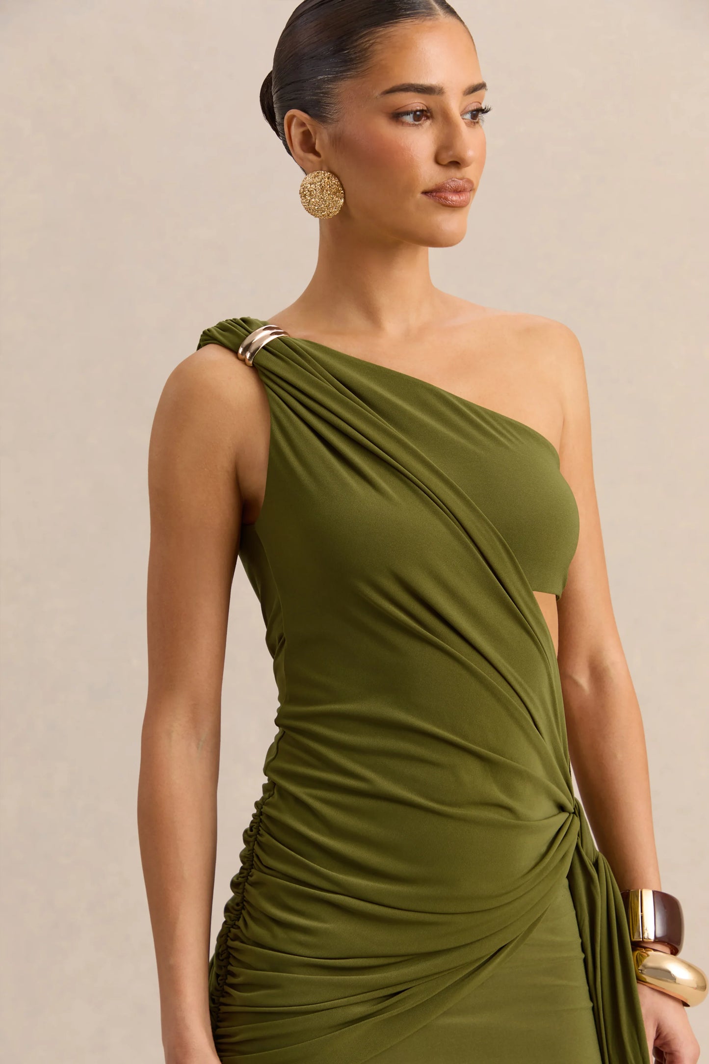 Clarosia Green Asymmetric-Neck Maxi Dress With Cut-Out With Sash