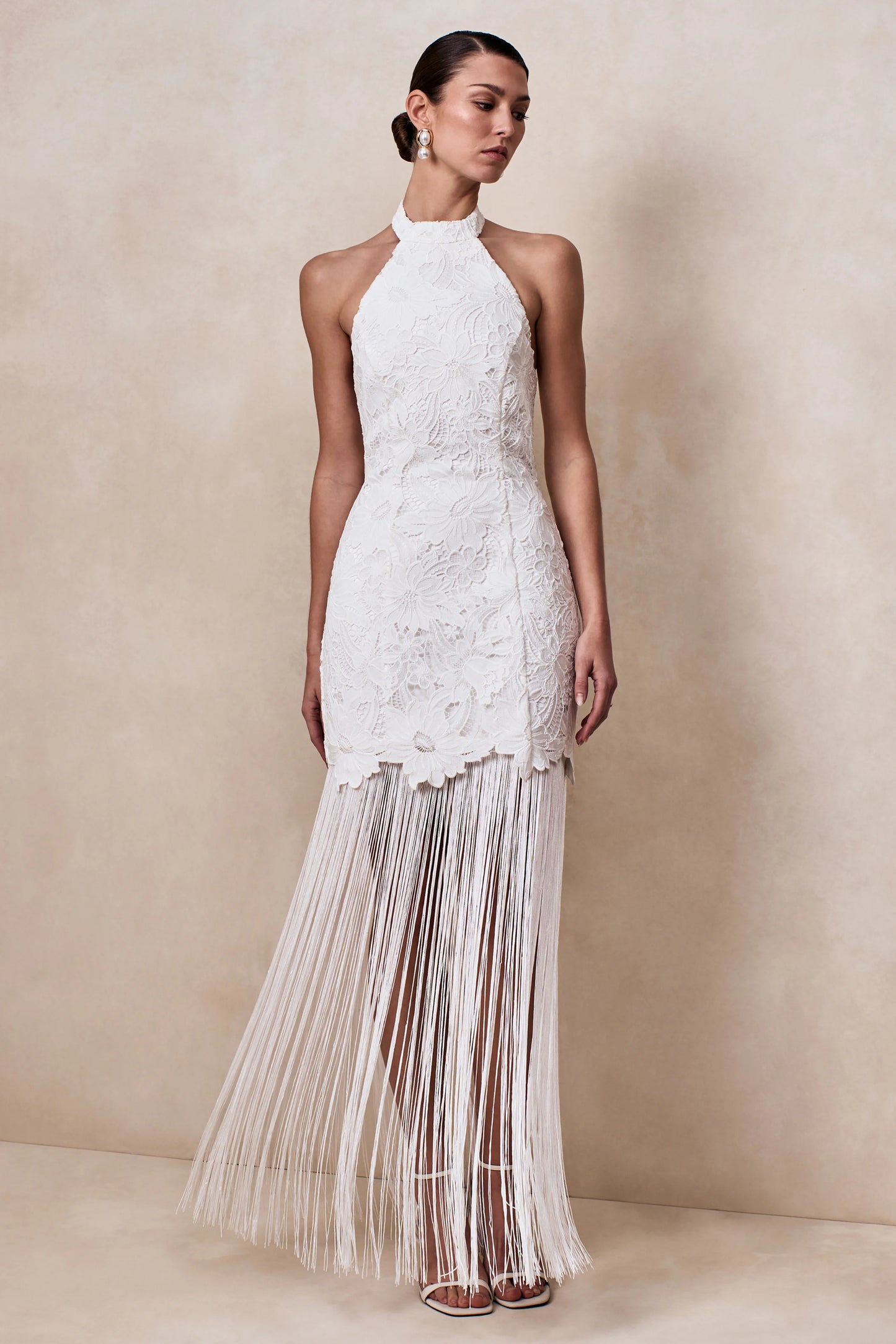 Skylar White Lace Halter-Neck Maxi Dress With Open-Back And Bow Detail
