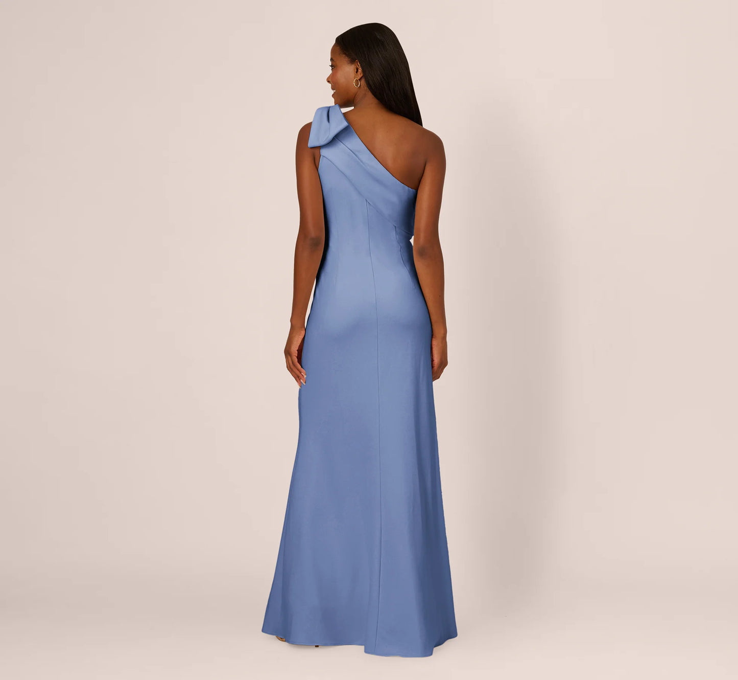 Stretch Crepe One Shoulder Mermaid Gown With Bow Accent In French Blue