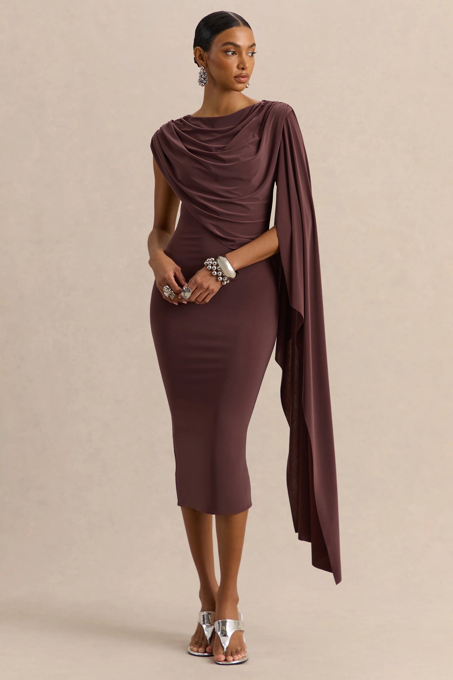 Kamoria Brown Round-Neck Midi Dress With Cape-Sleeve