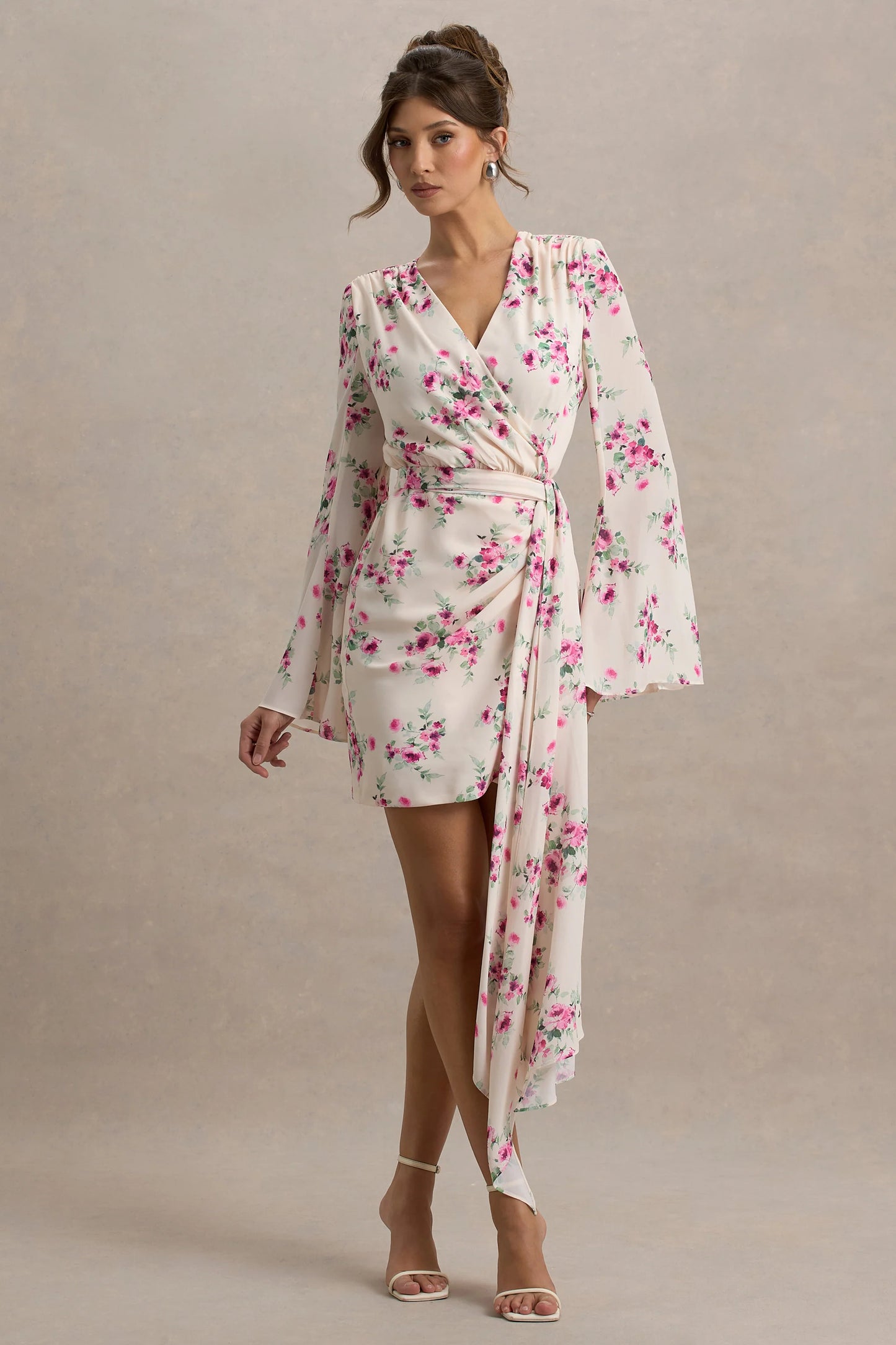 Goldie Cream Floral Print Chiffon Long-Sleeve Wrap Mini Dress