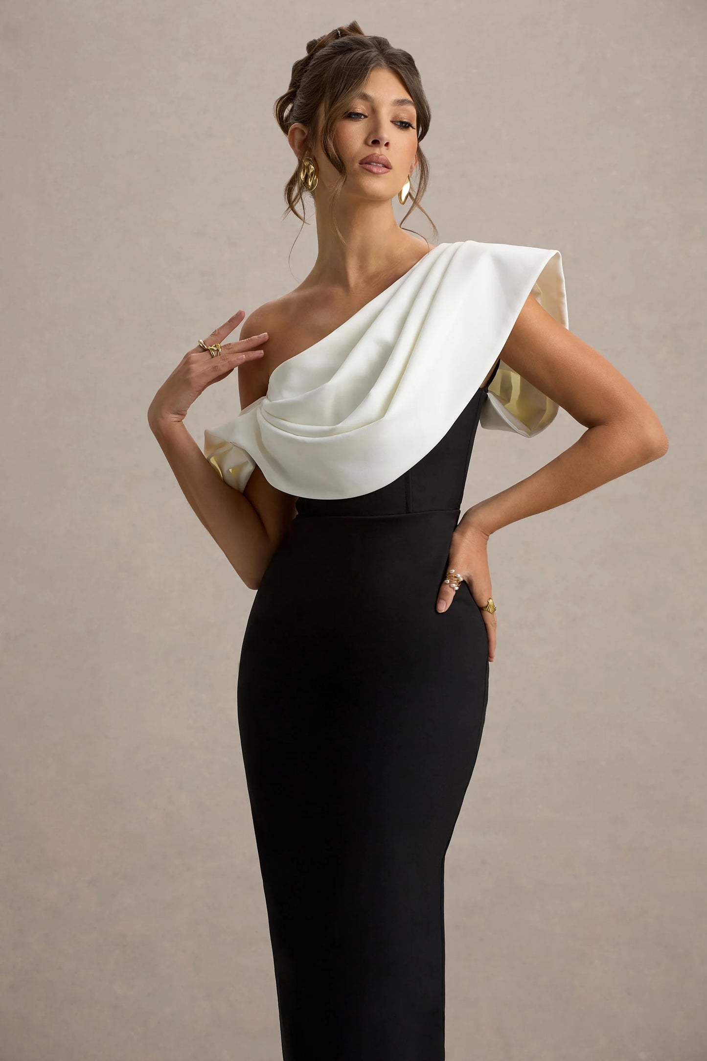 Angelina Black & White Draped Shoulder Maxi Dress