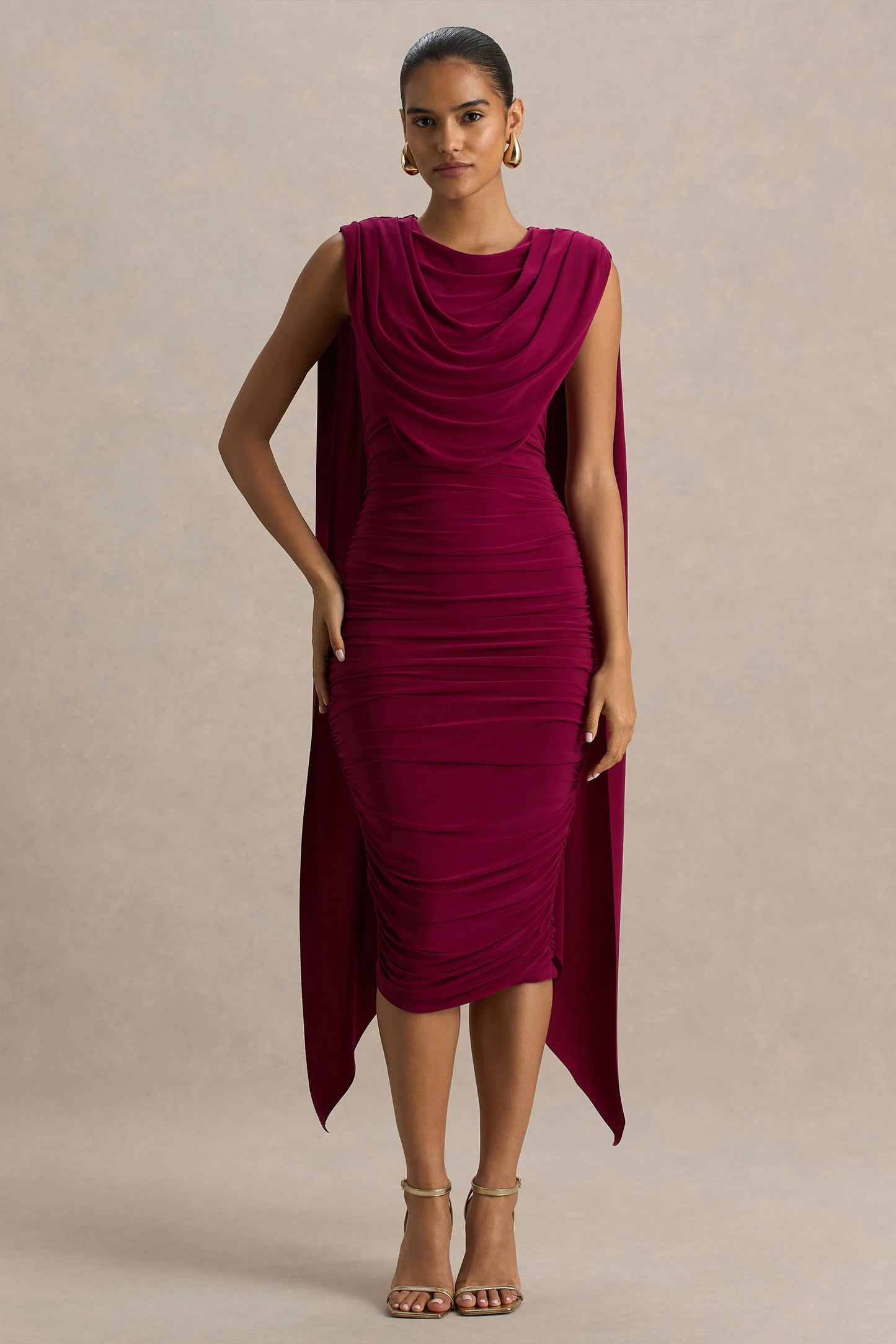 Wanderer Burgundy Crew-Neck Midi Dress With Draped and Ruched Detailing
