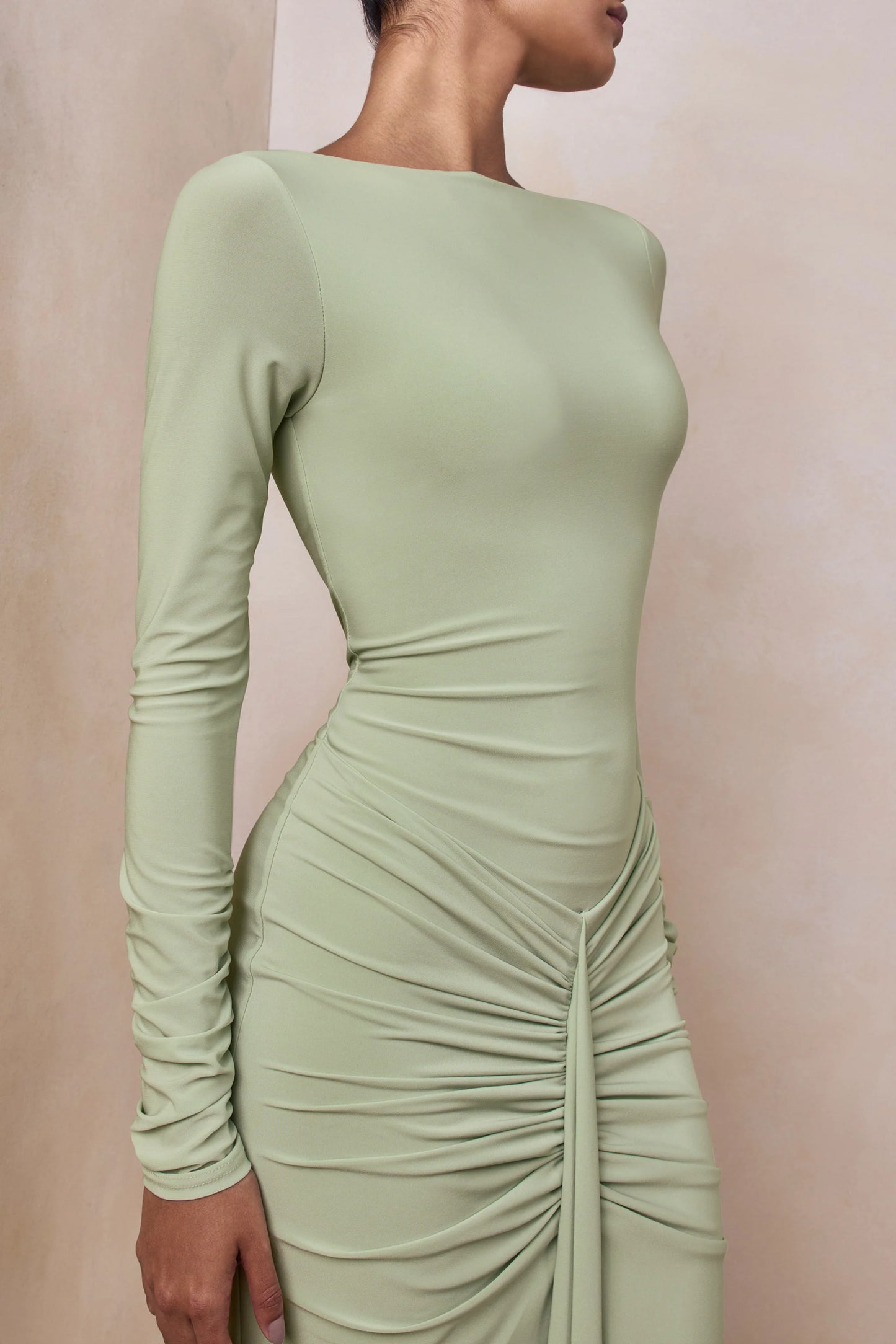 Matilda Light Green Boat-Neck Maxi Dress With Ruched Detailing