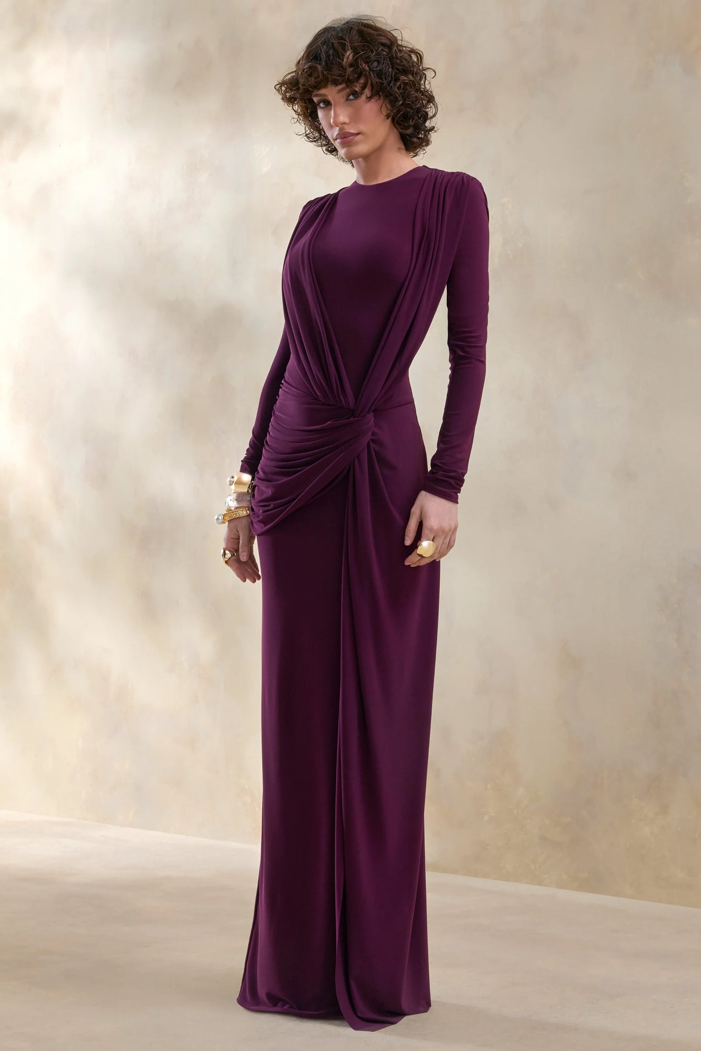 Desirelle Plum Crew-Neck Maxi Dress With Gathered-Detailing