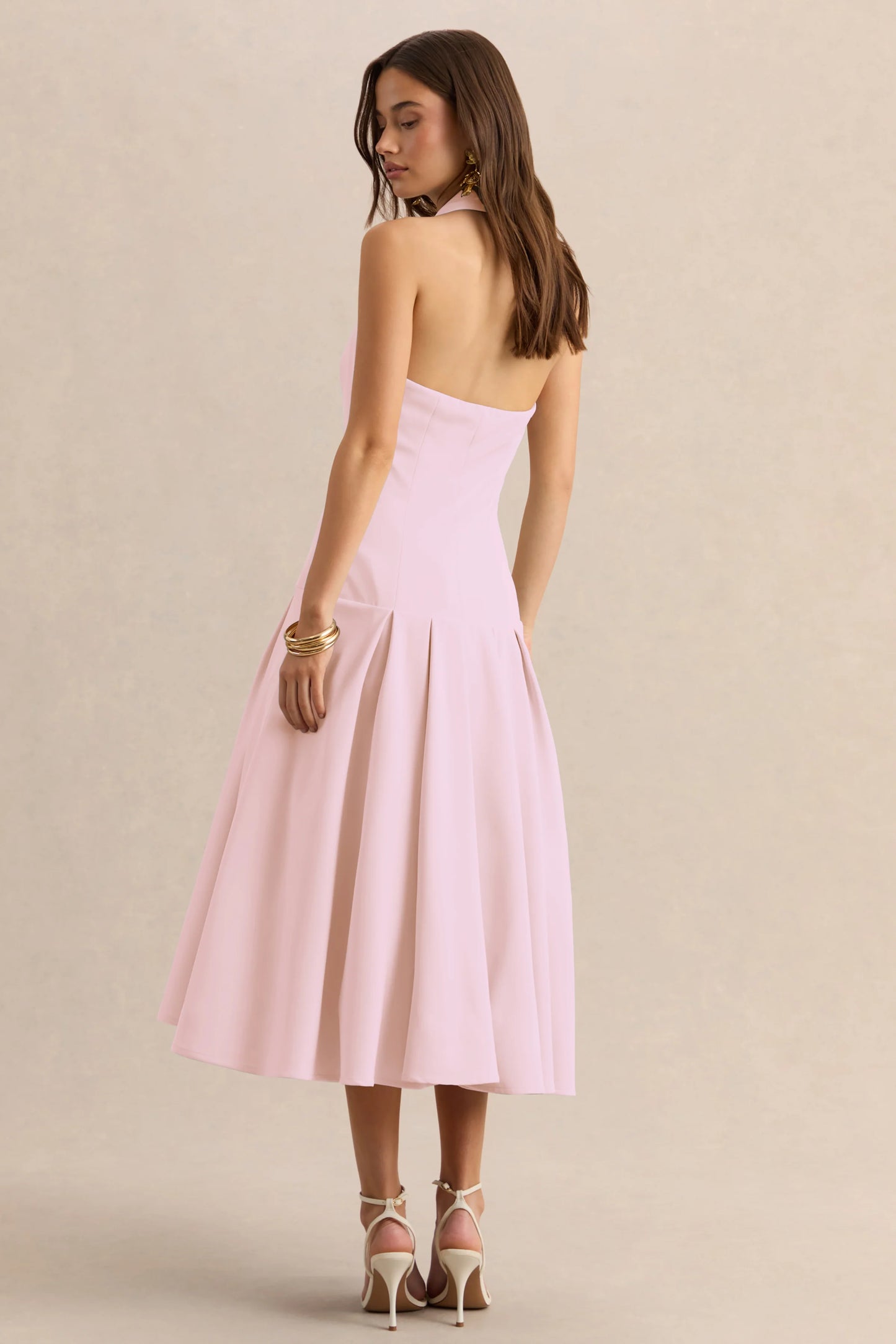 Elise Light Pink Plunge-Neck Midi Dress With Drop-Waist