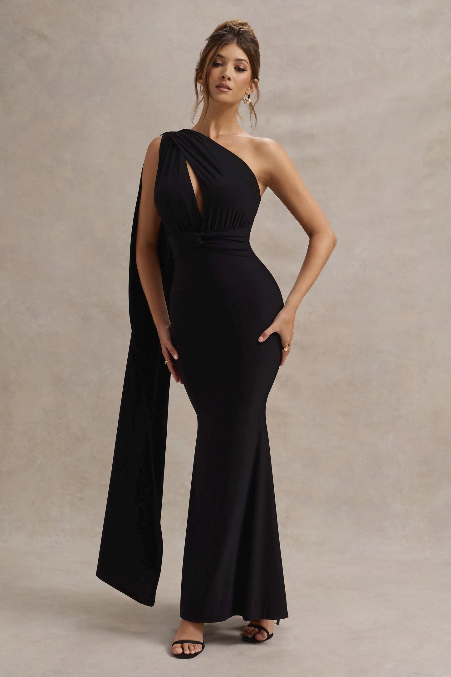 Elaina Black Asymmetric Knot Maxi Dress With Sash