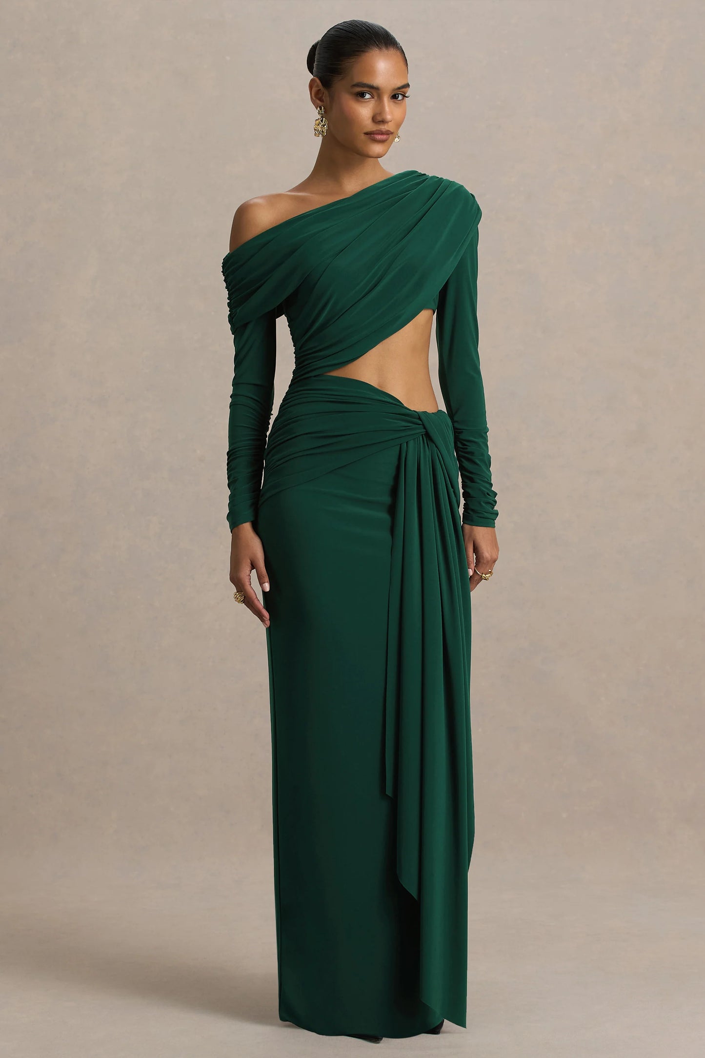 Mikayla Dark Green Asymmetric-Neck Wrap Maxi Dress With Body Cut-Out And Ruched Detailing