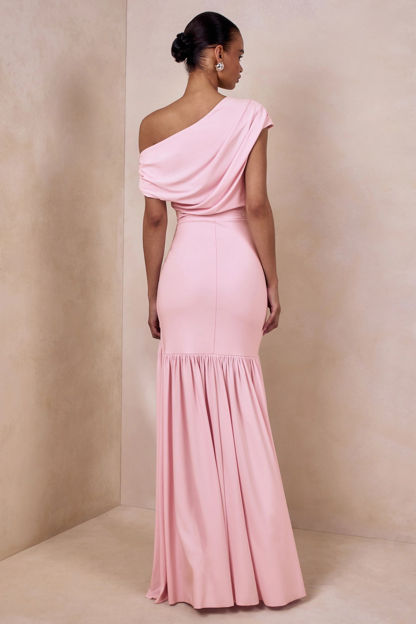Kady Pink Asymmetric-Neck Maxi Dress With Ruched Detailing