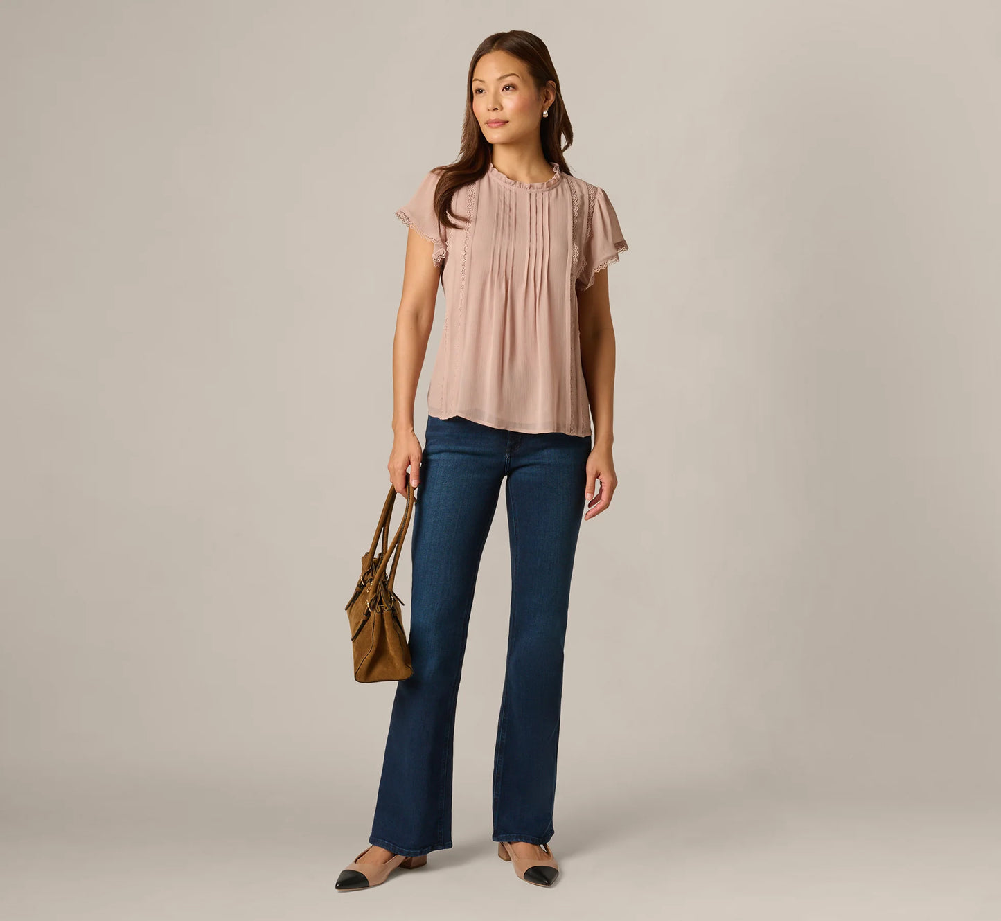 Flutter Sleeve Lace Pintuck Top In Simply Taupe