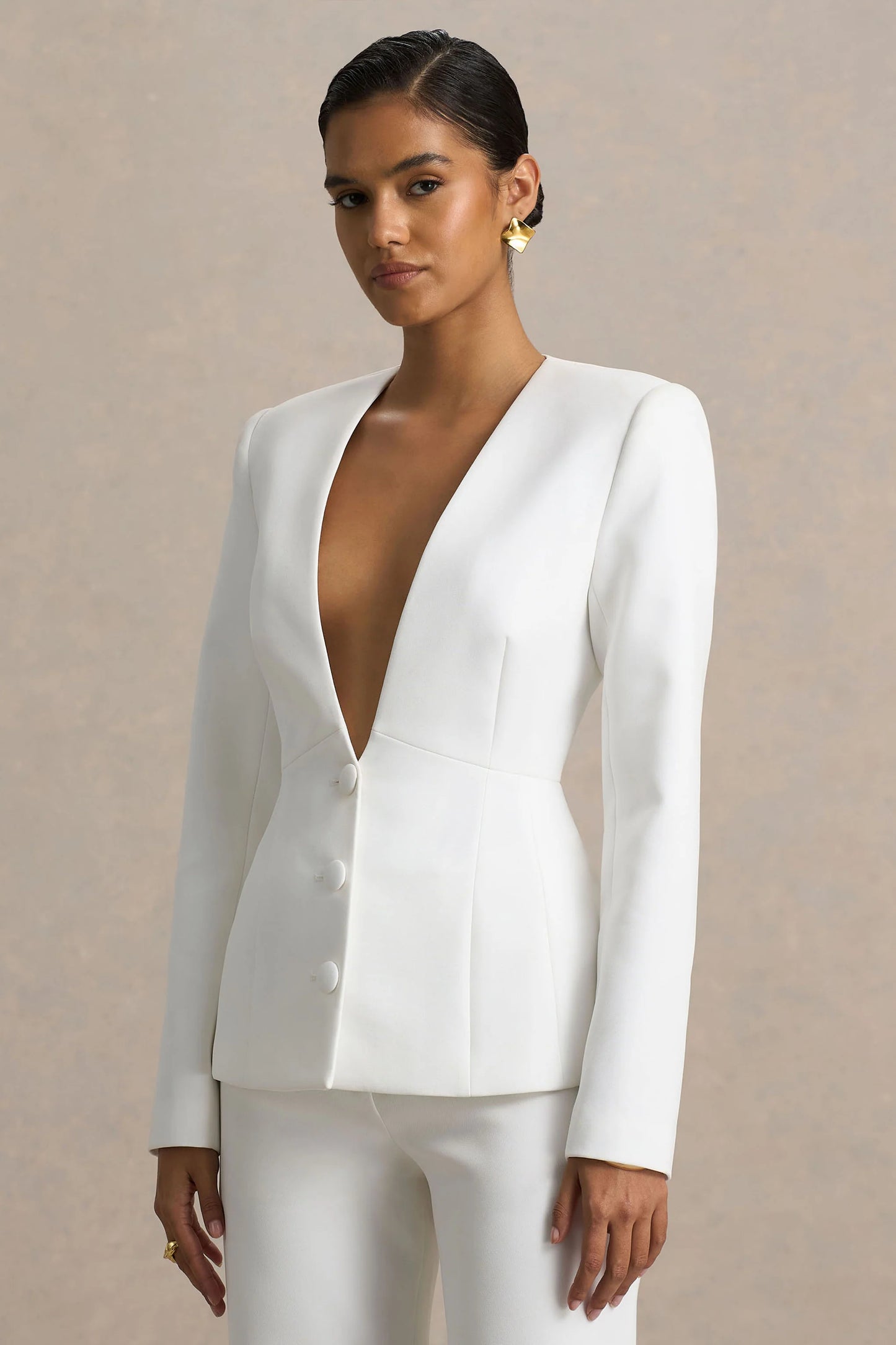 Rosalina White Extreme-Plunge Neck Tailored Blazer