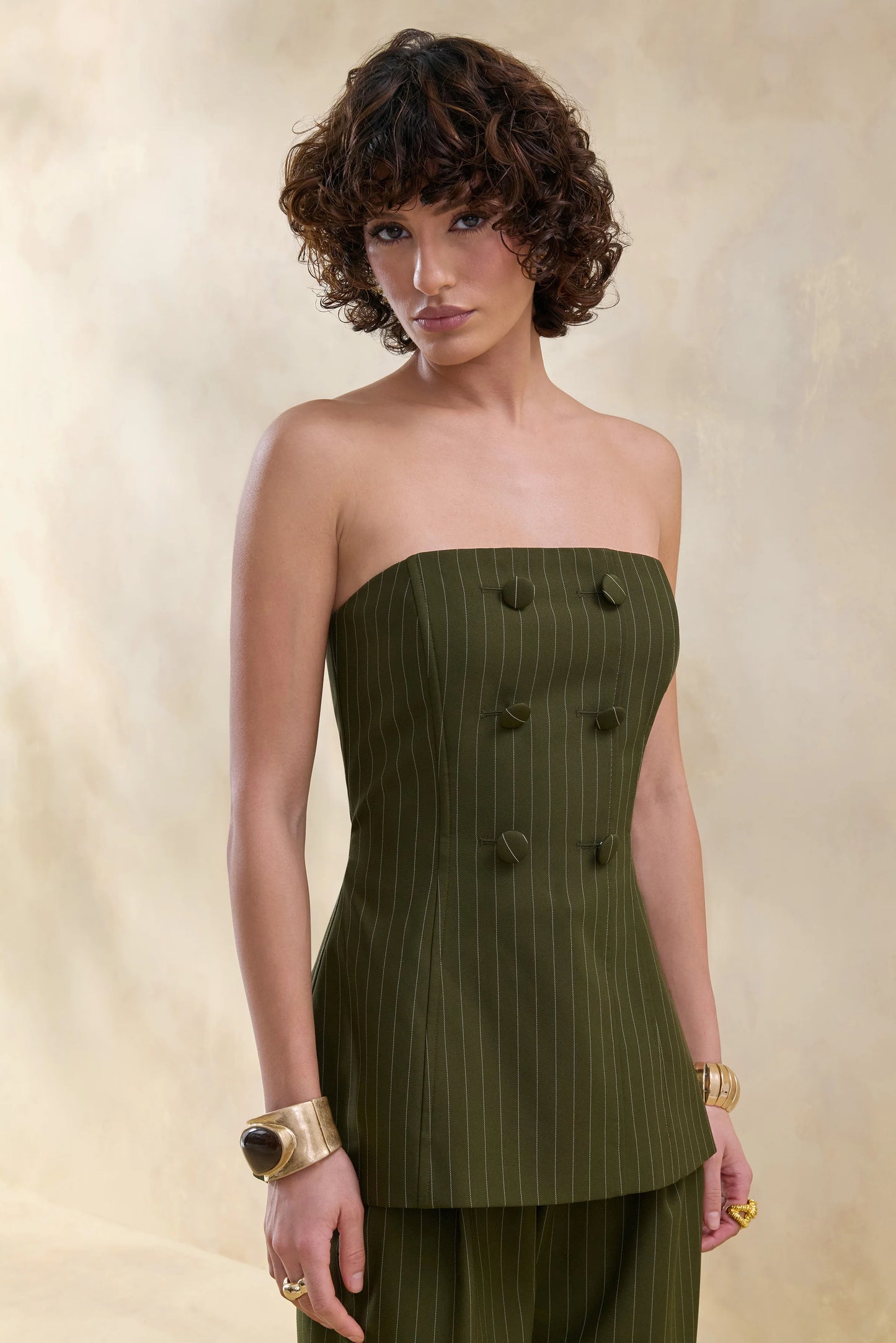 Fable Olive Pinstripe Bandeau Tailored-Top