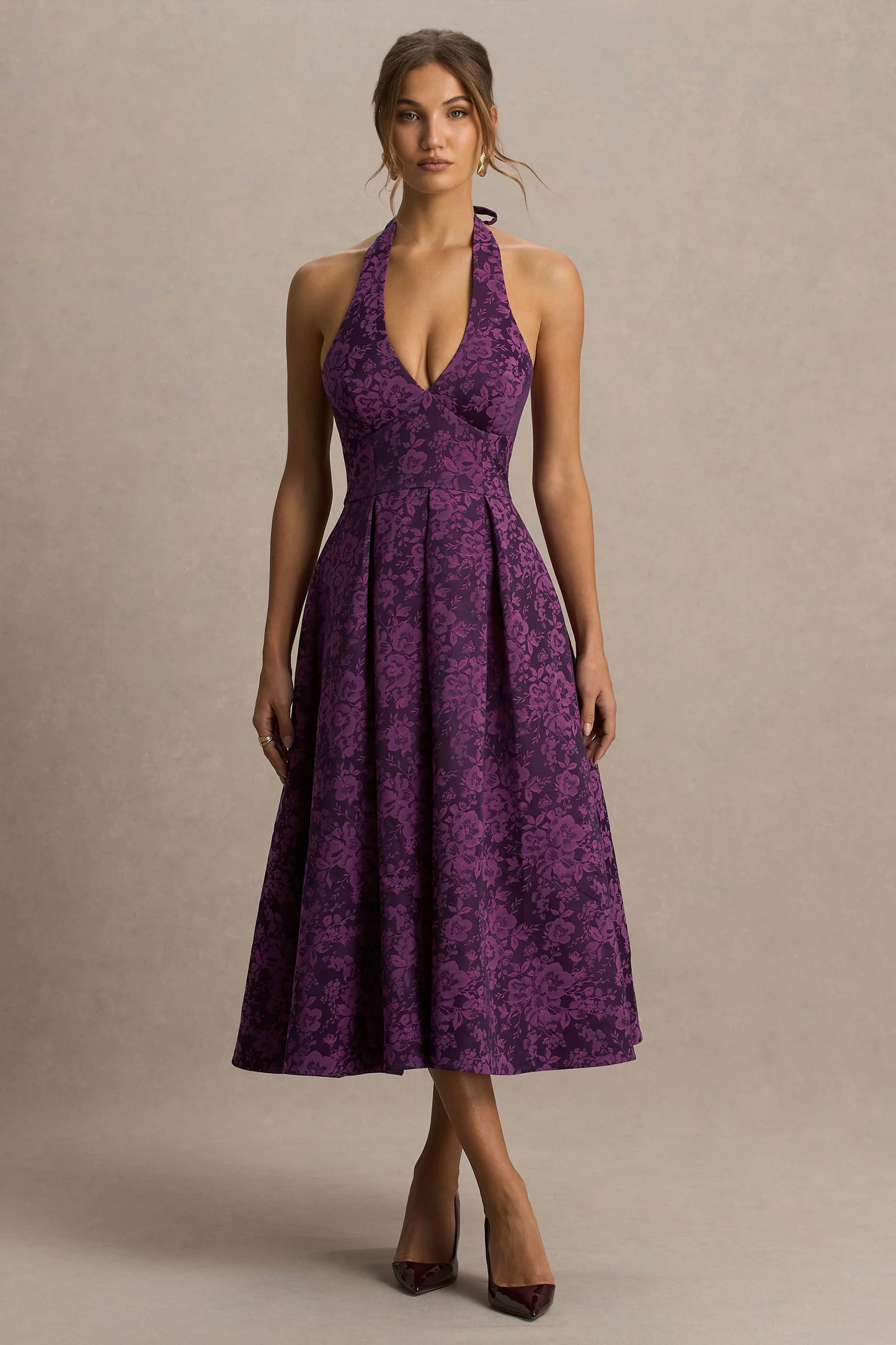 Isabeau Purple Satin Plunge-Neck Midi Dress
