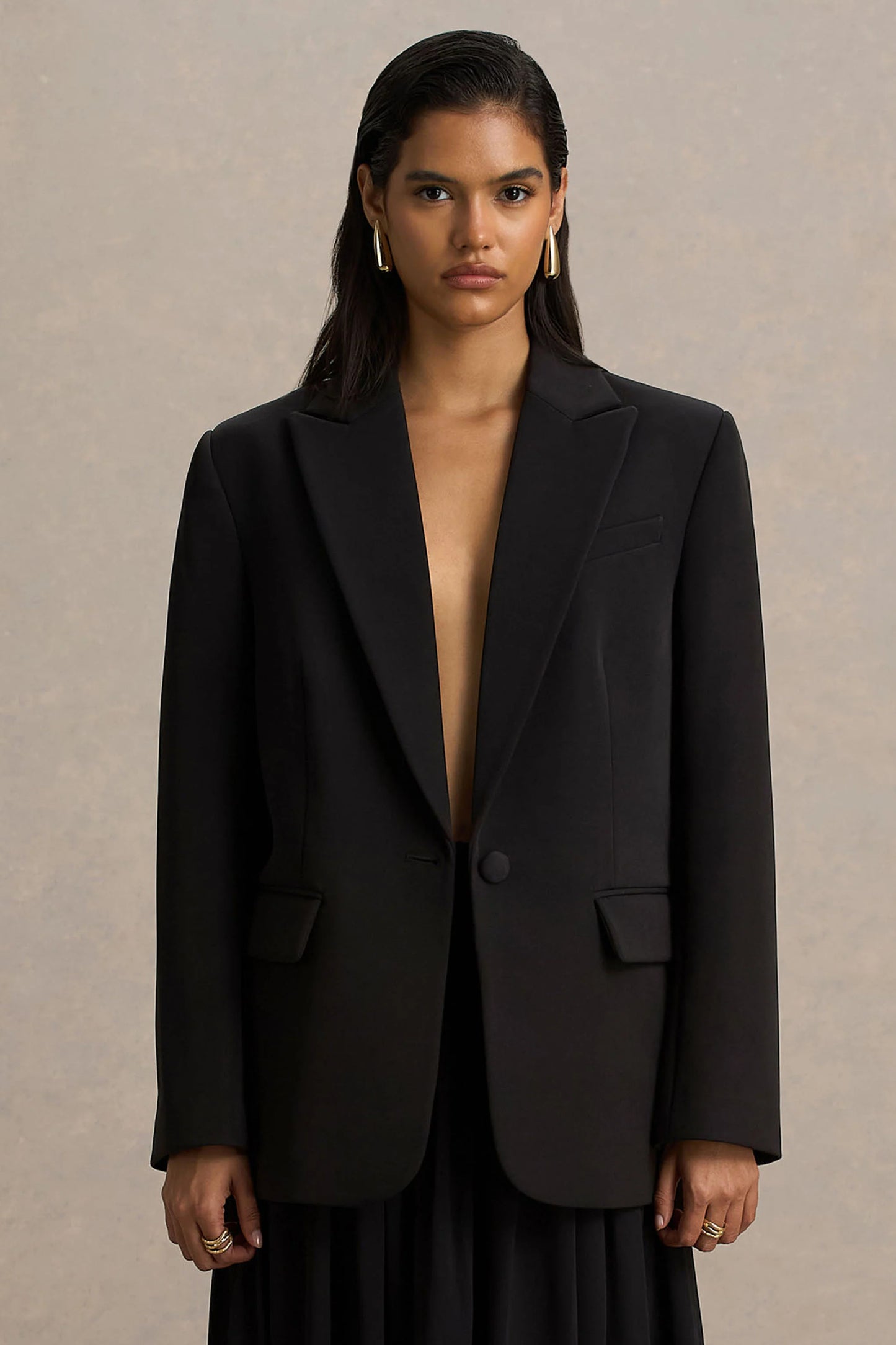 Katherine Black Plunge-Neck Oversized Blazer