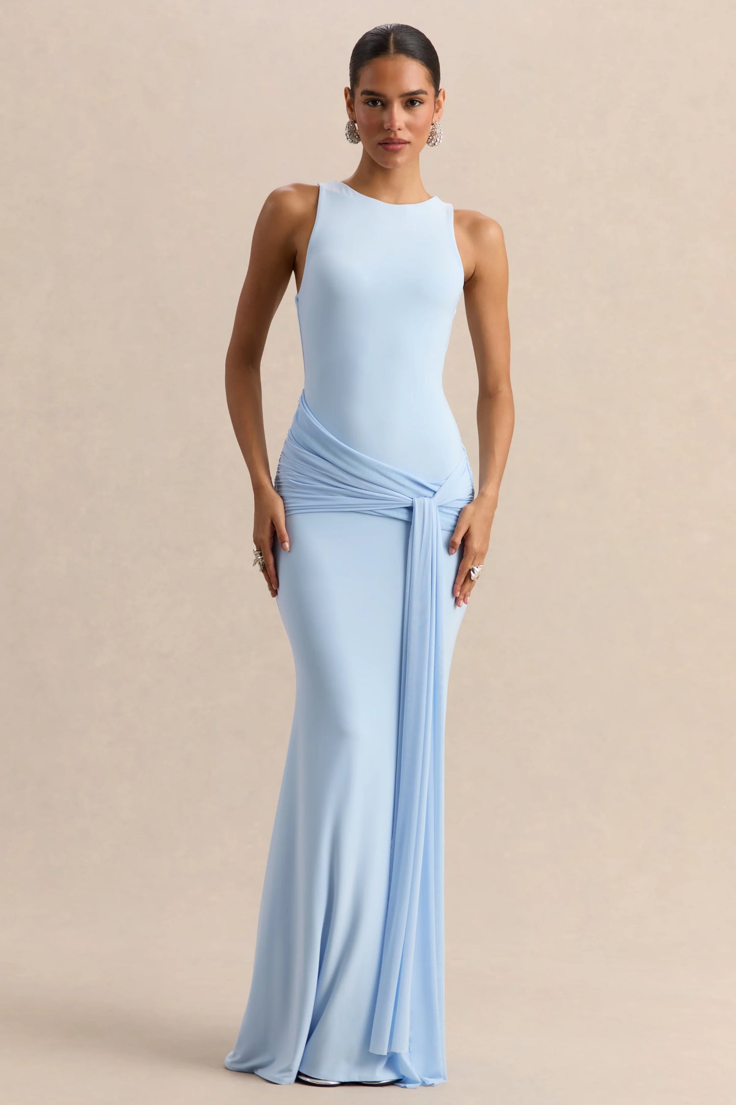Mirene Powder Blue Round-Neck Maxi-Dress With Gathered-Detailing And Sash