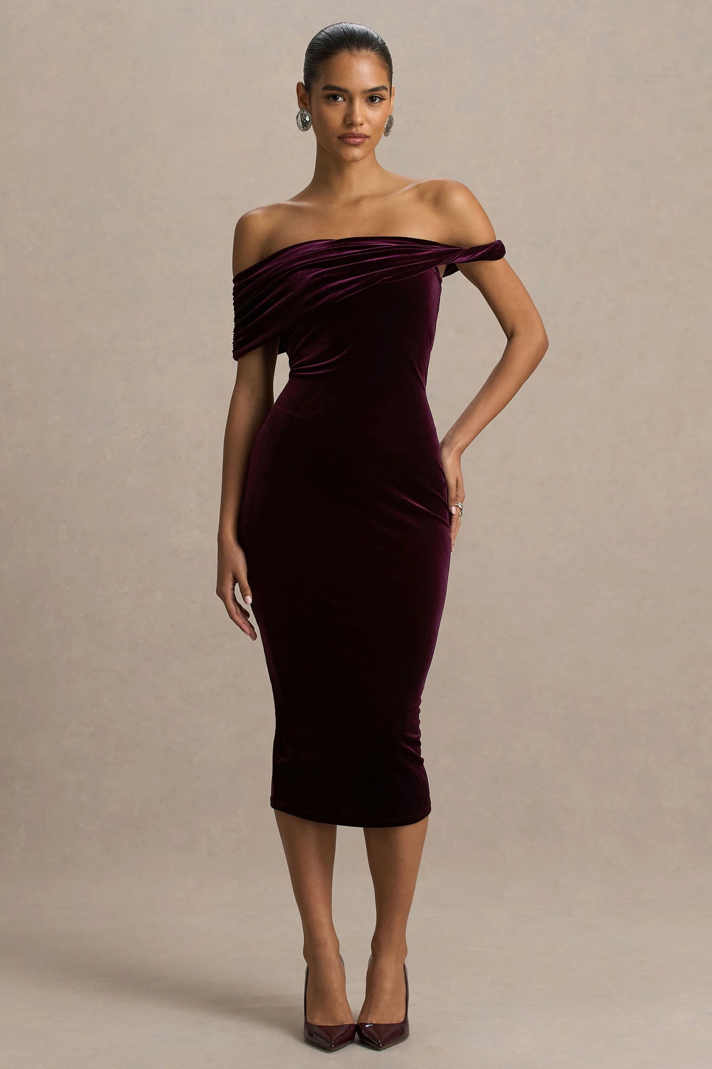 Billie Burgundy Velvet Bardot-Neck Midi Dress With Twist-Sleeve