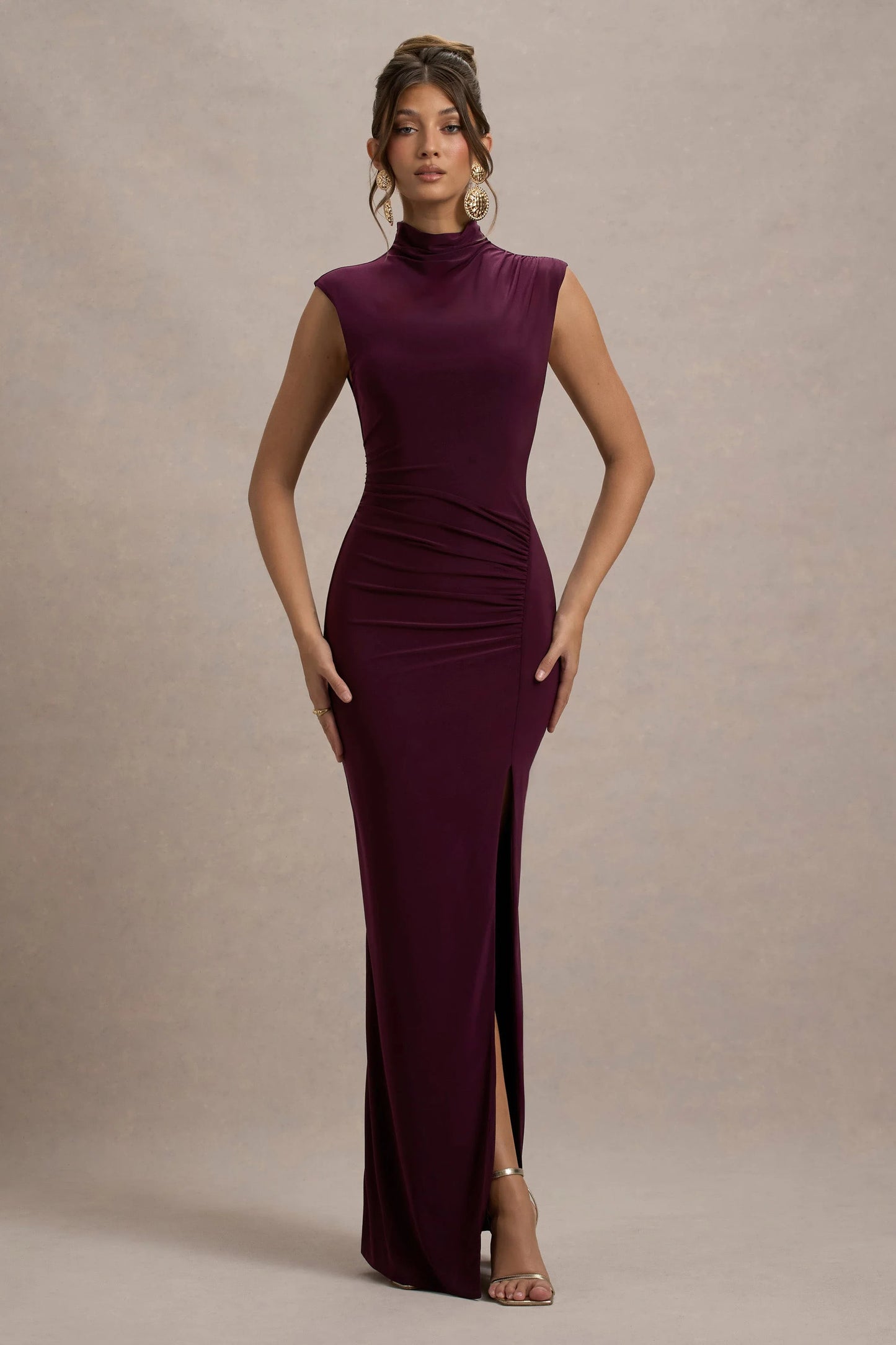 Lanetta Plum Ruched High-Neck Maxi Dress With Split