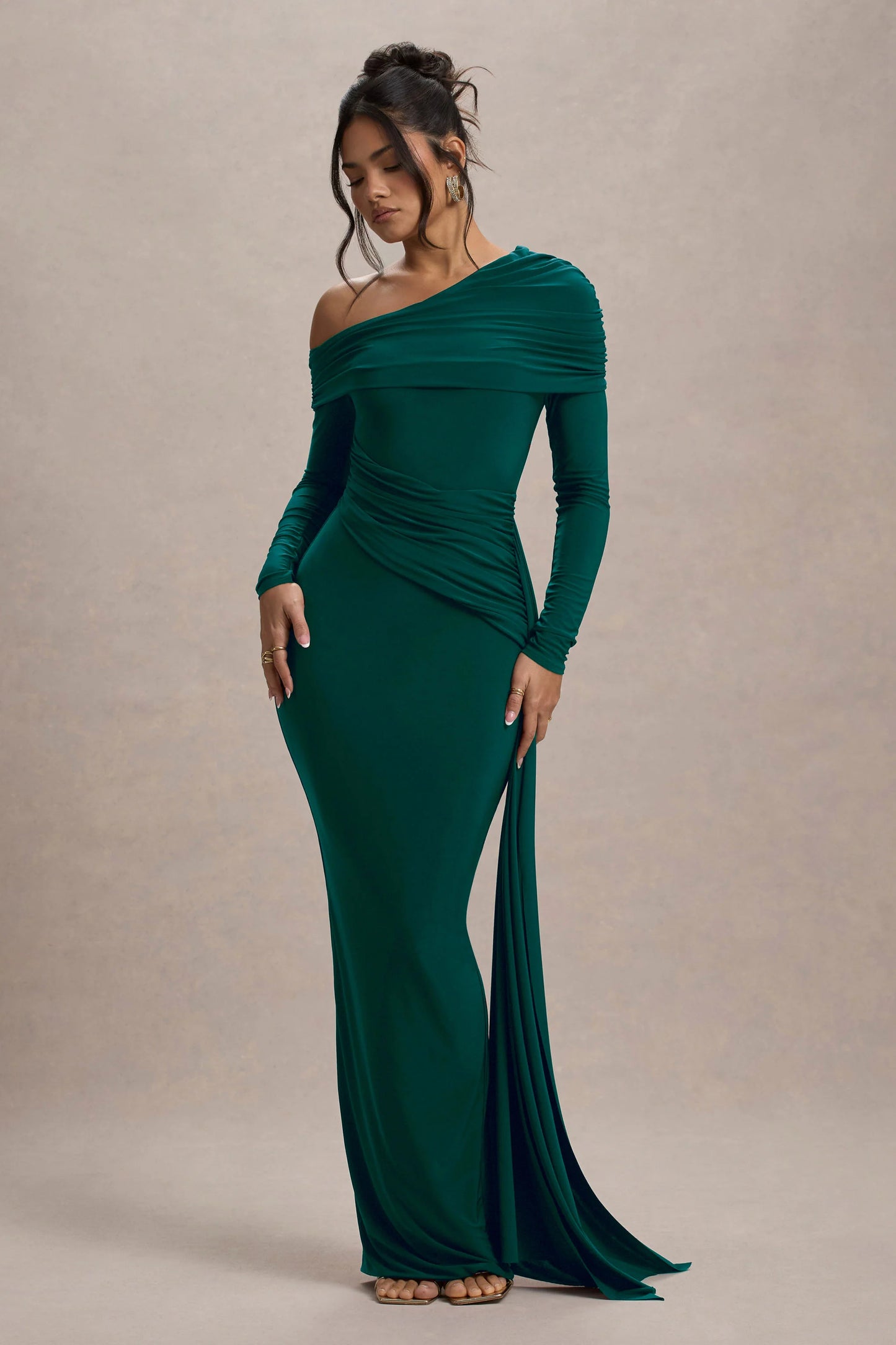 Valina Green Ruched Asymmetric Maxi Dress With Drape