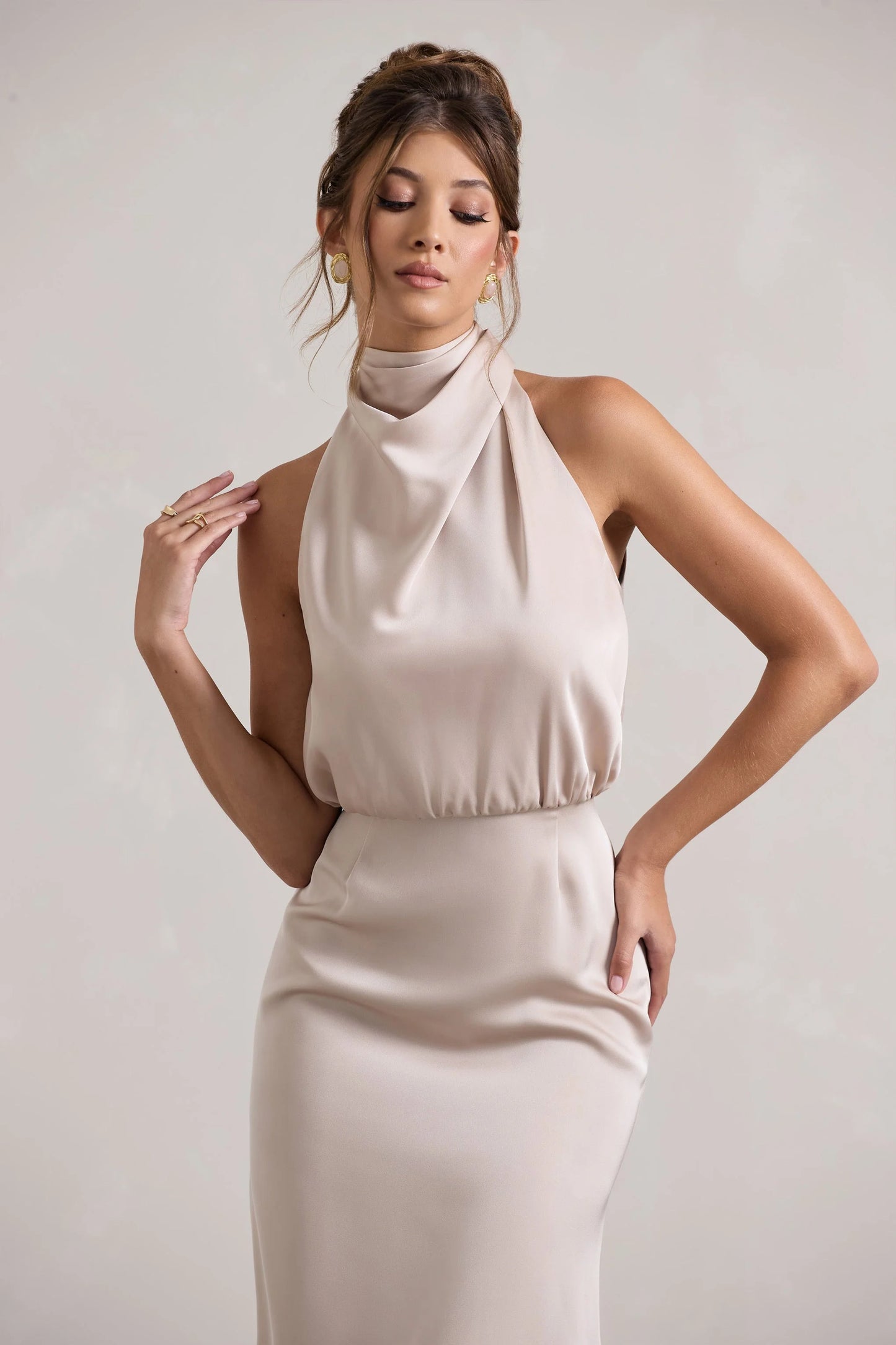 Geena Champagne Satin Twisted High-Neck Midi Dress