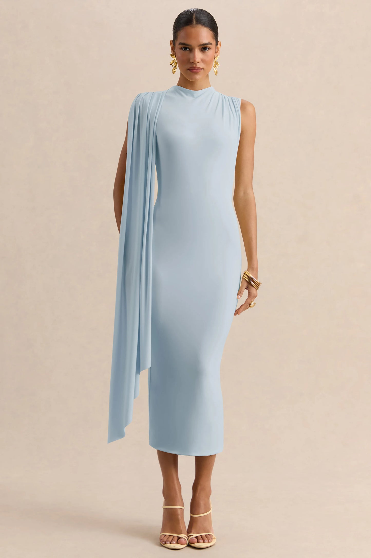 Oleandra Light Blue High-Neck Midi-Dress With Draped-Detail