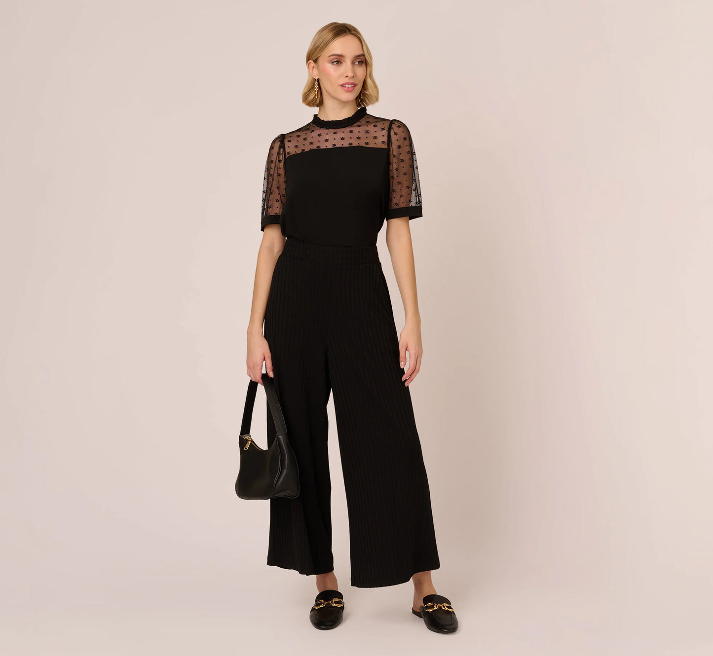 Ruffle Neck Top With Floral Mesh Short Sleeves In Black