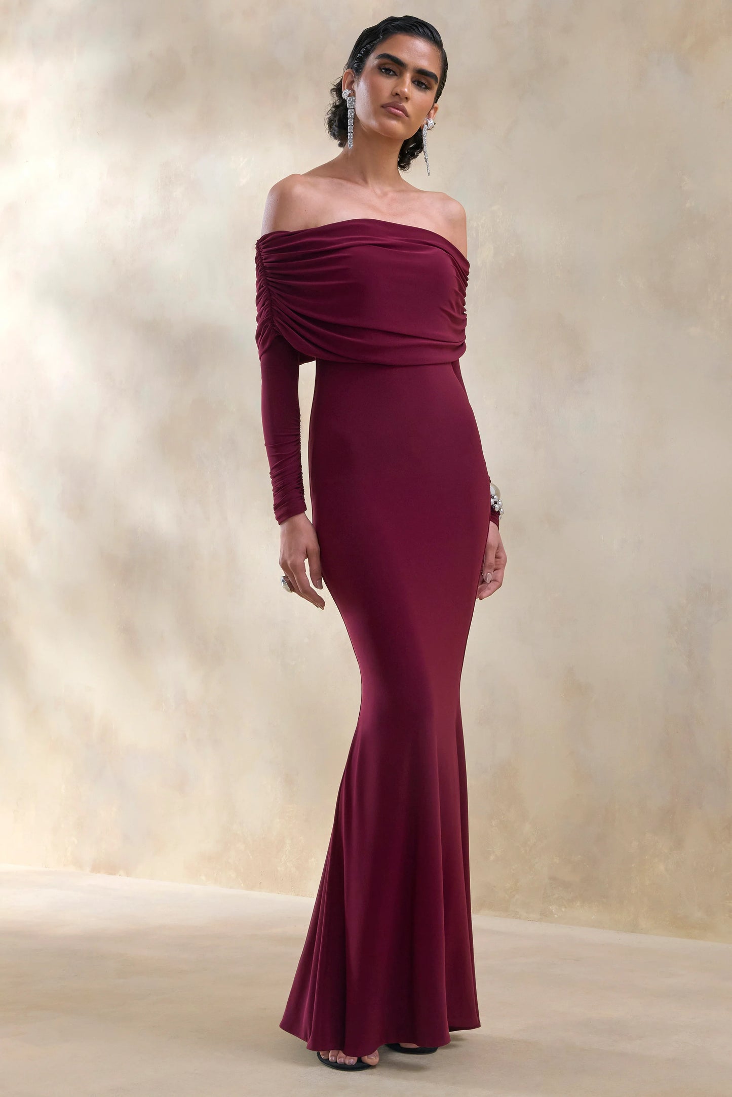 Brisea Burgundy Bardot-Neck Maxi Dress