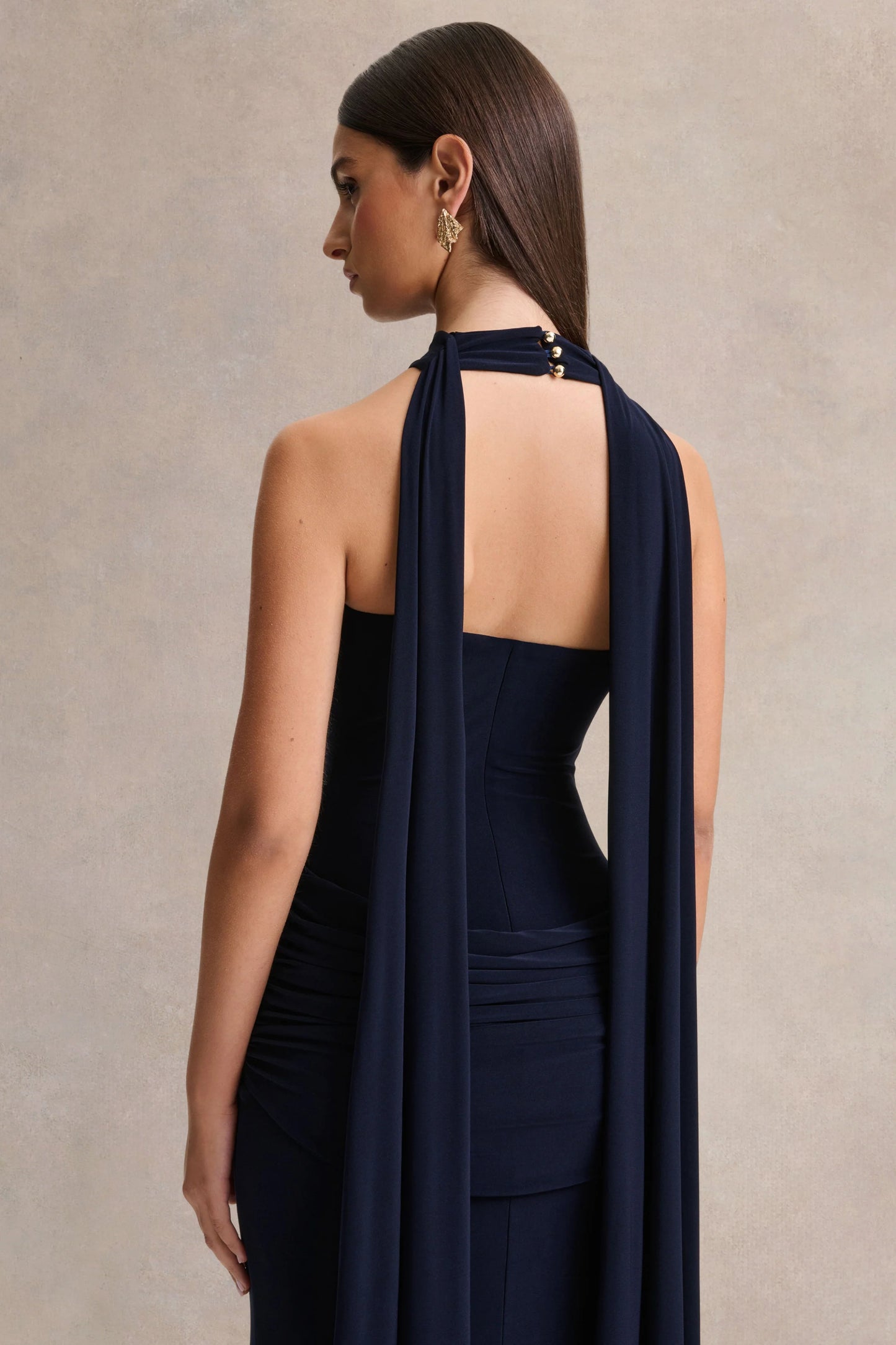 Hesperia Navy High-Neck Maxi Dress With Draped-Detailing And Scarf