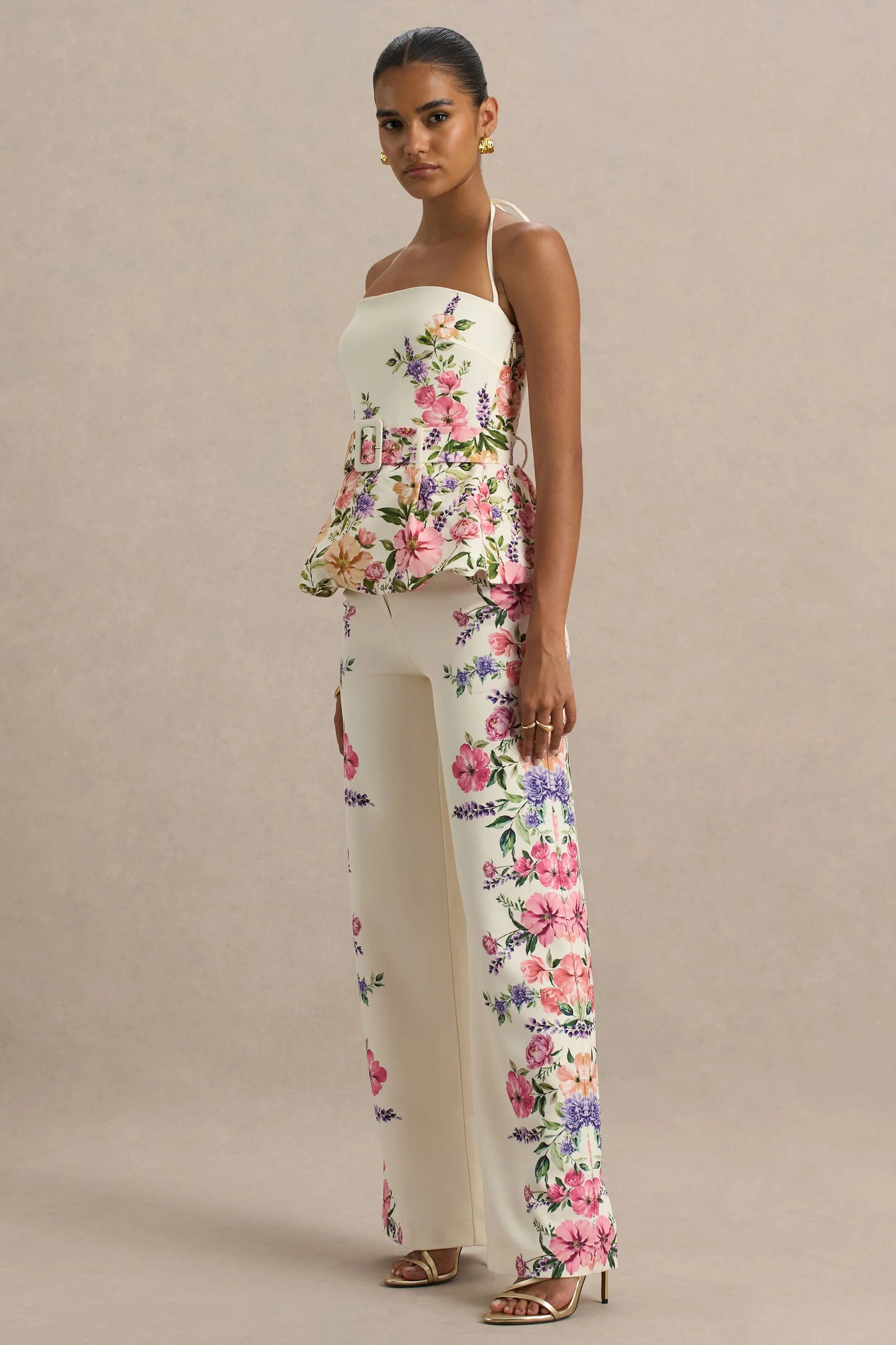 Solana White Floral Border Print Wide-Leg Trousers